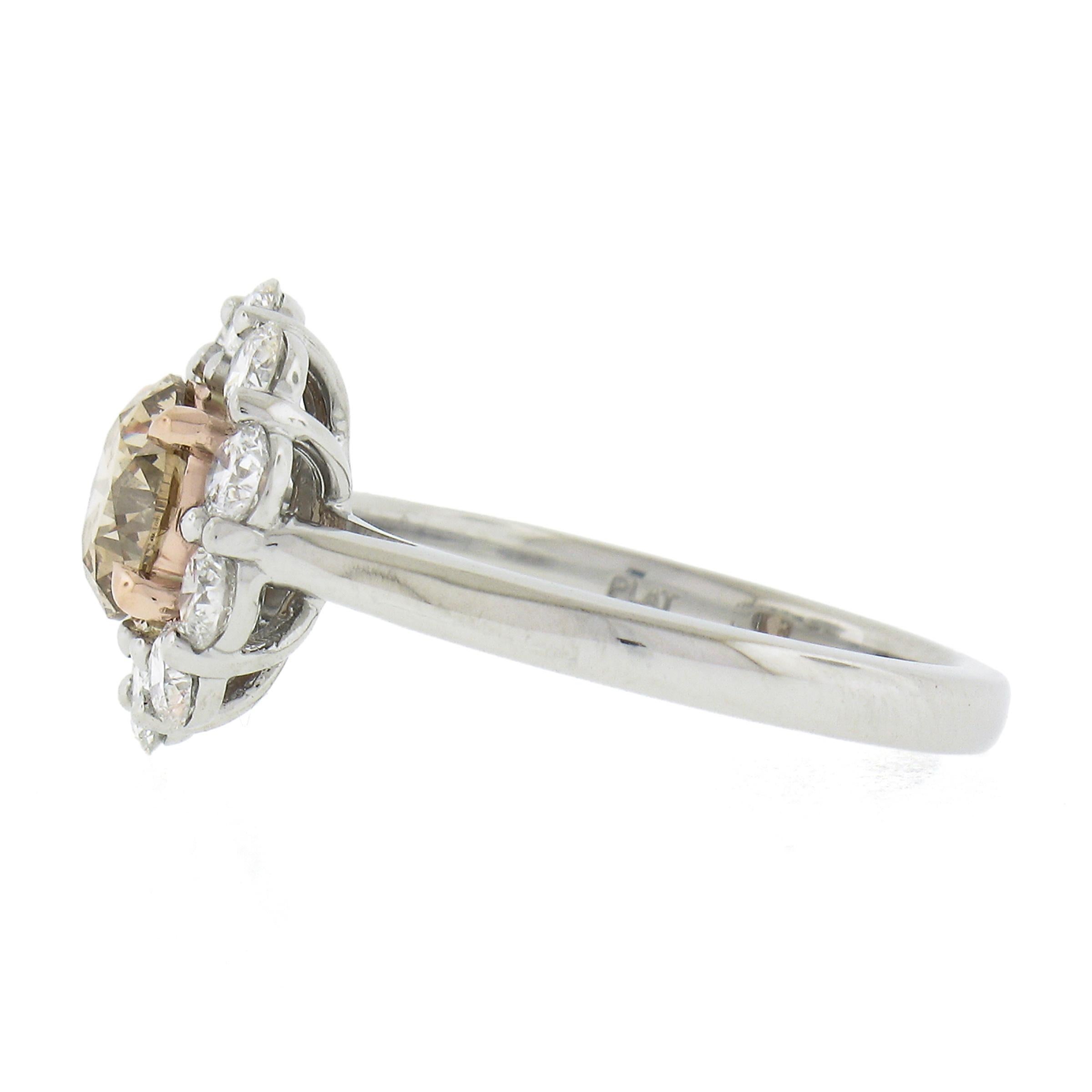 New Platinum & 14k Gold GIA Fancy Brown Diamond Flower Halo Engagement Ring In New Condition For Sale In Montclair, NJ