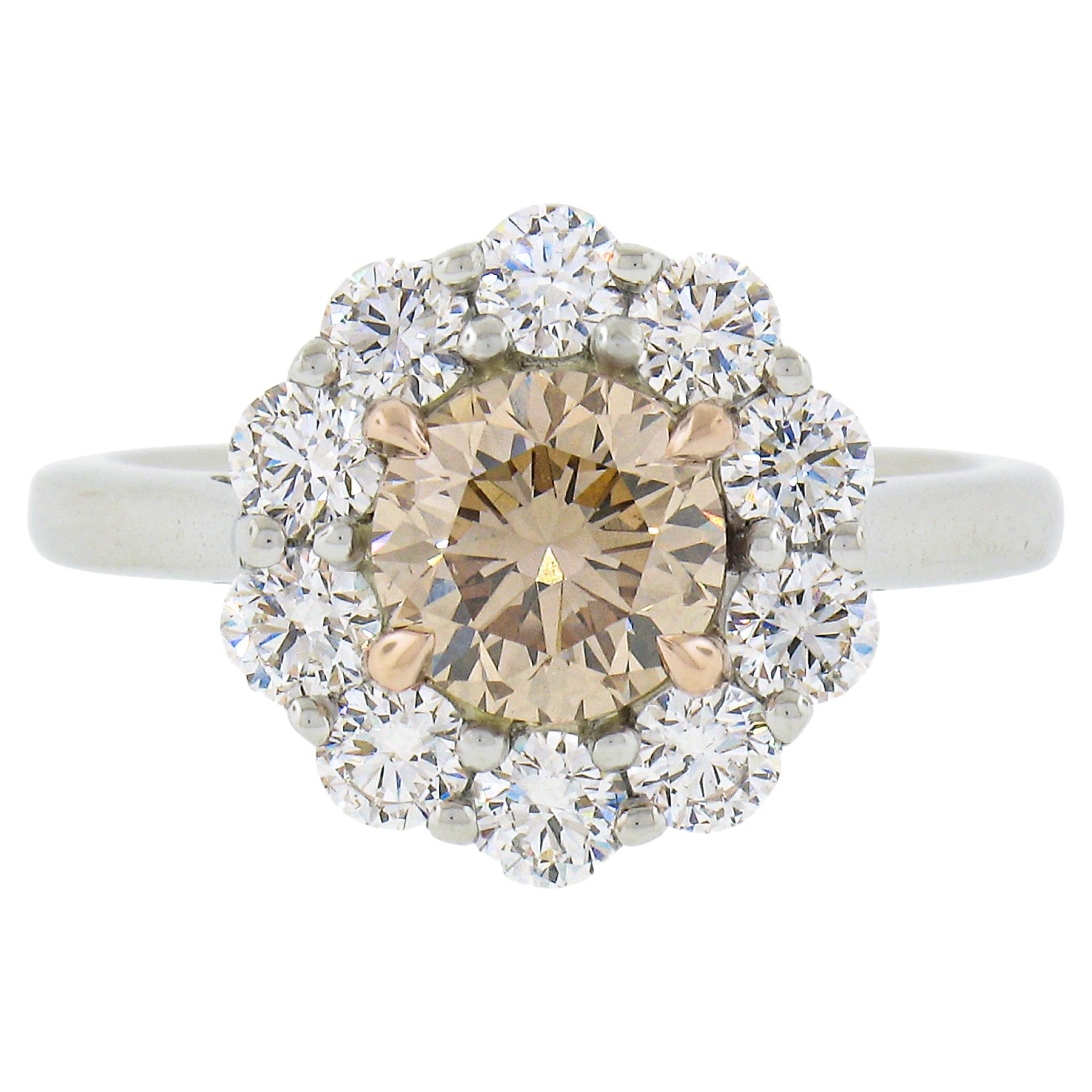 New Platinum & 14k Gold GIA Fancy Brown Diamond Flower Halo Engagement Ring