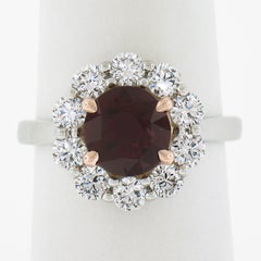 New Platinum & 14K Rose Gold 3.07ctw GIA Round Ruby Diamond Halo Cocktail Ring