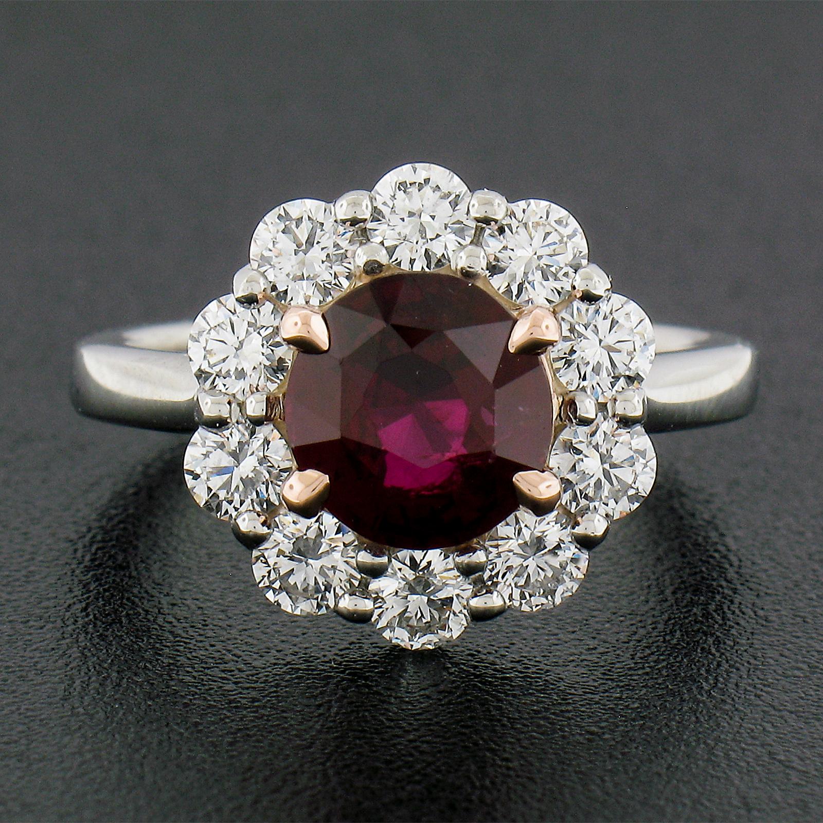 Round Cut New Platinum & 14K Rose Gold 3.07ctw GIA Round Ruby Diamond Halo Cocktail Ring For Sale
