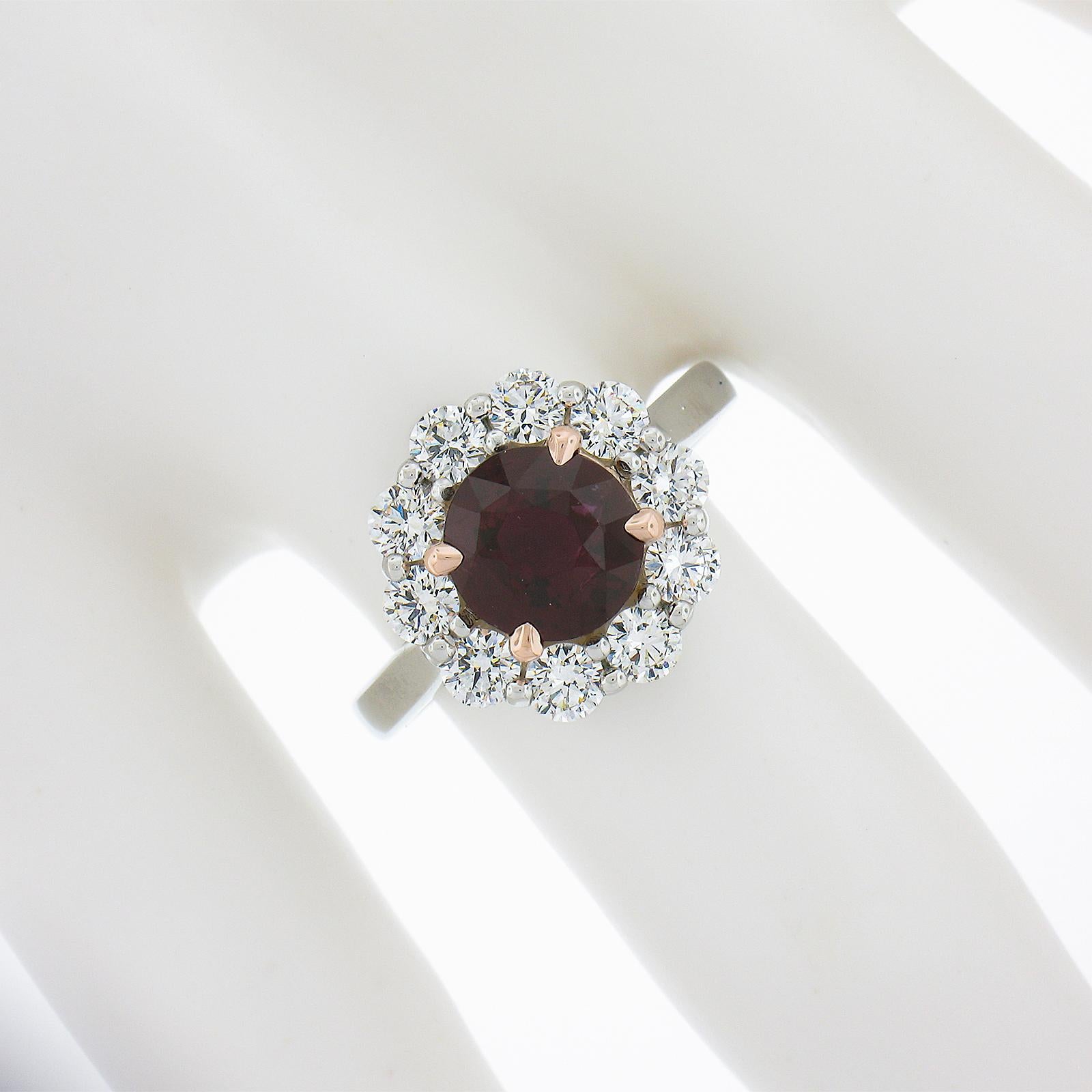 New Platinum & 14K Rose Gold 3.07ctw GIA Round Ruby Diamond Halo Cocktail Ring In New Condition For Sale In Montclair, NJ