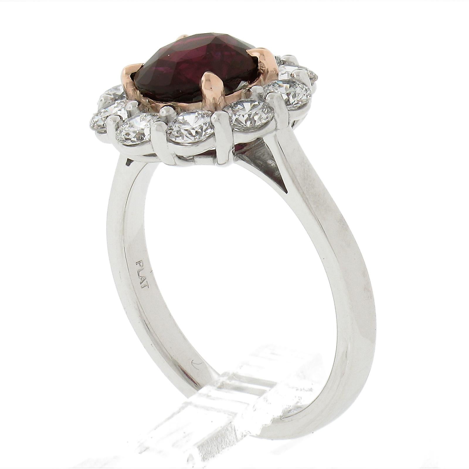 New Platinum & 14K Rose Gold 3.07ctw GIA Round Ruby Diamond Halo Cocktail Ring For Sale 4