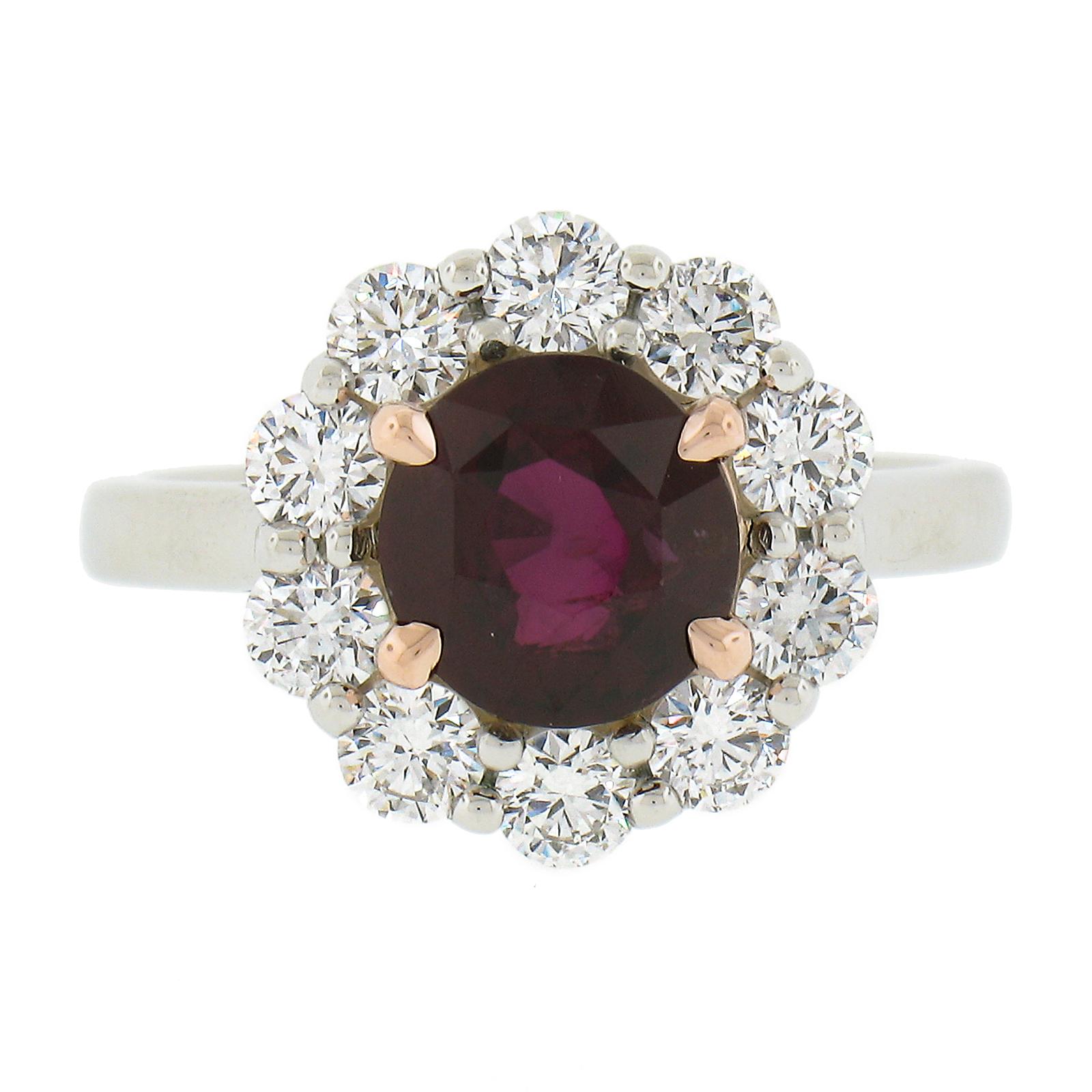 New Platinum & 14K Rose Gold 3.07ctw GIA Round Ruby Diamond Halo Cocktail Ring For Sale