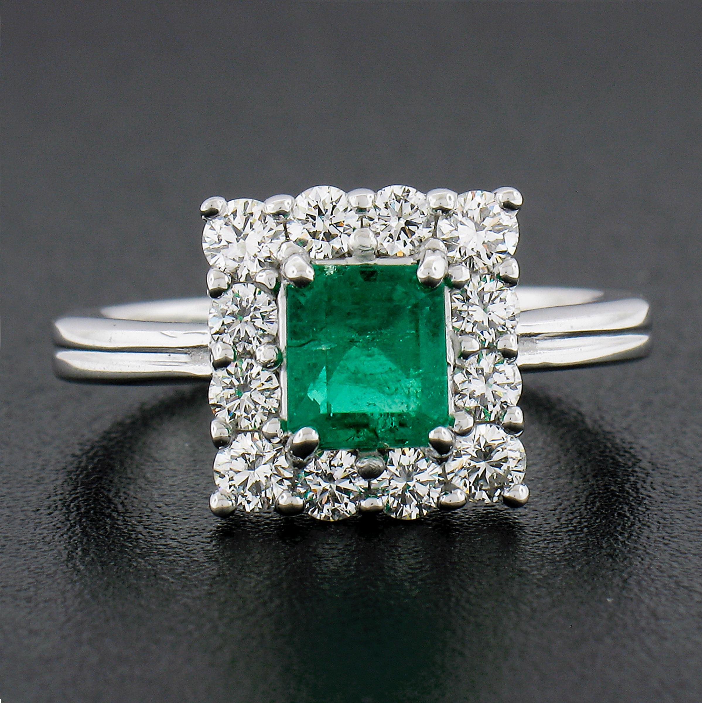 --Stone(s):--
(1) Natural Genuine Emerald - Prong Set - Green Color w/ Oil and Natural Inclusions - 0.82ct (exact - certified)
** See Certification Details Below for Complete Info **
(12) Natural Genuine Diamonds - Round Brilliant Cut - Shared Prong