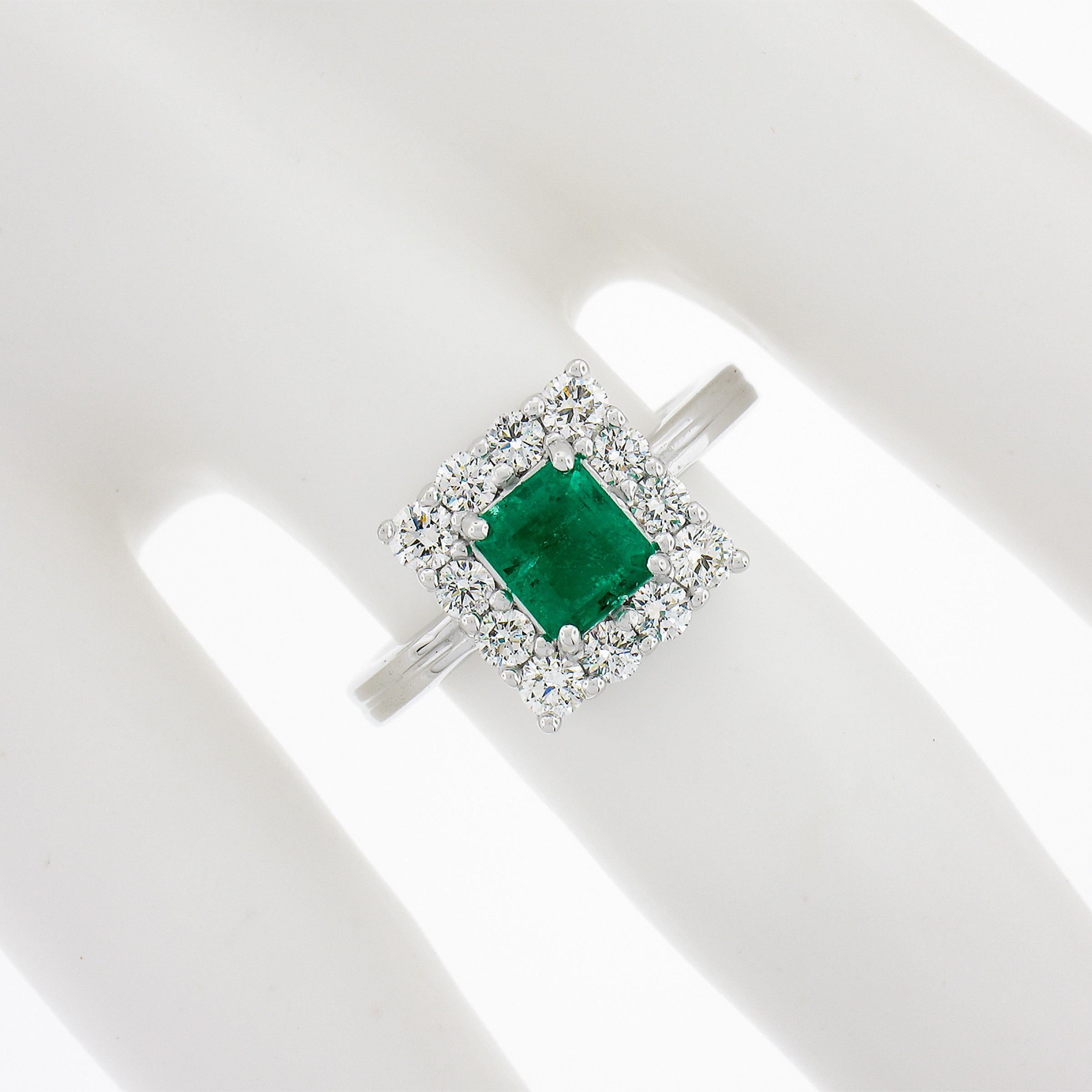 Octagon Cut NEW Platinum 1.51ctw GIA Colombian Green Emerald w/ Diamond Halo Cocktail Ring For Sale