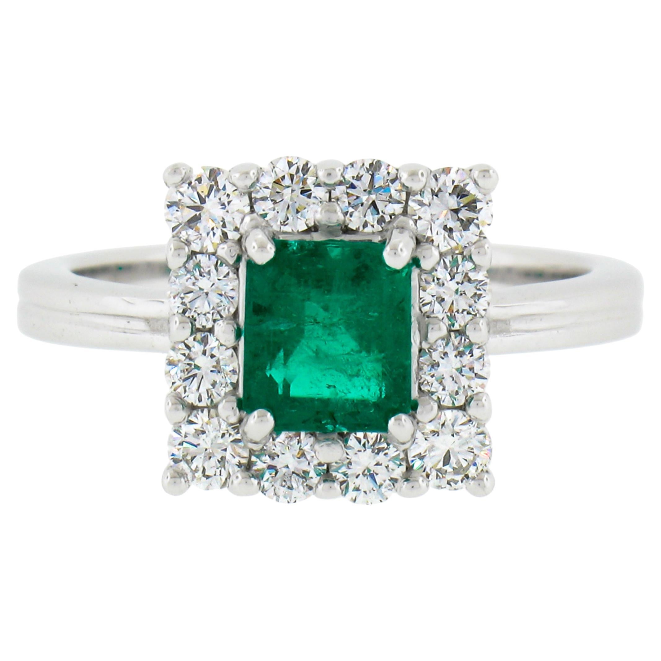 NEW Platinum 1.51ctw GIA Colombian Green Emerald w/ Diamond Halo Cocktail Ring For Sale