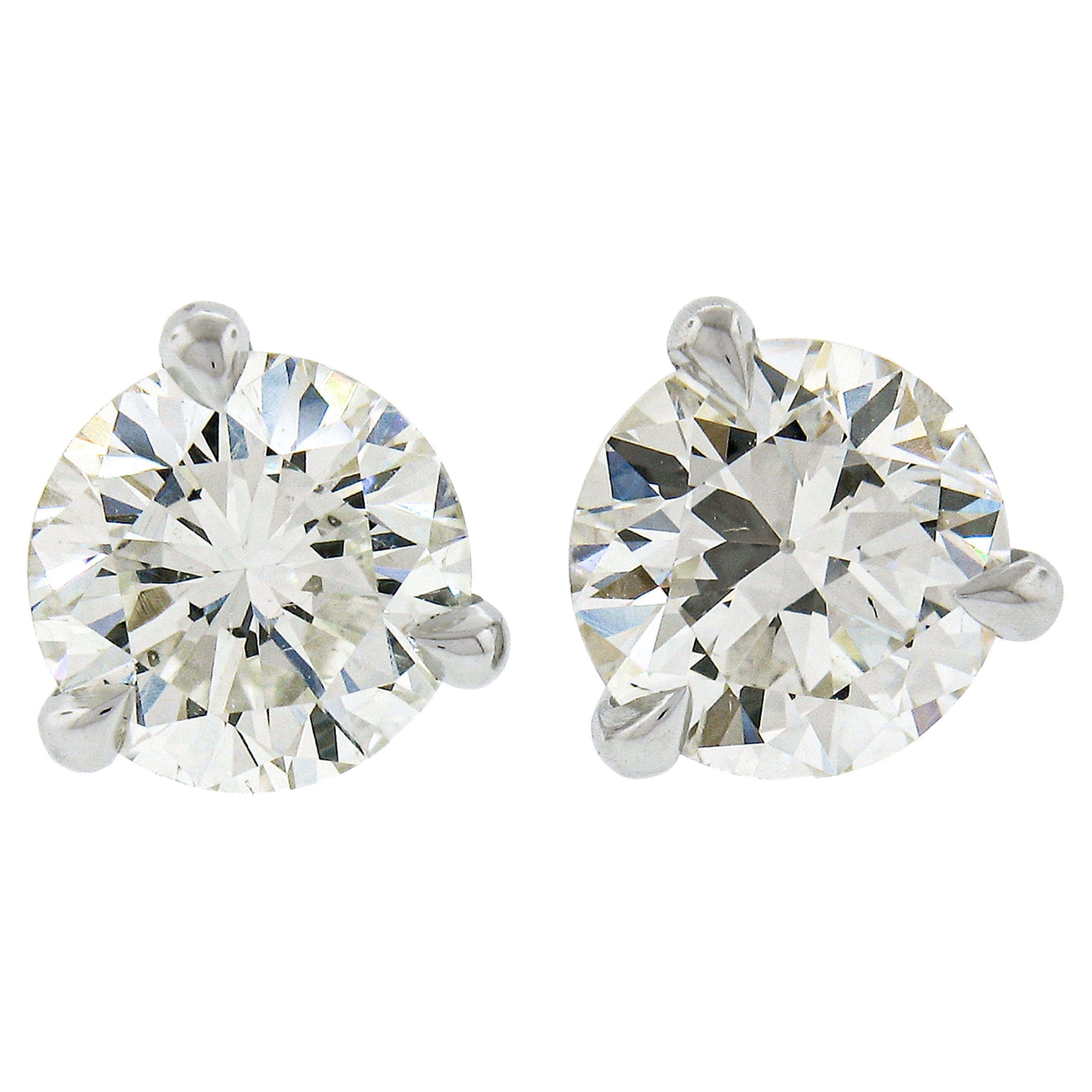 New Platinum 1.52ctw 3 Prong Martini GIA Round Brilliant Diamond Stud Earrings
