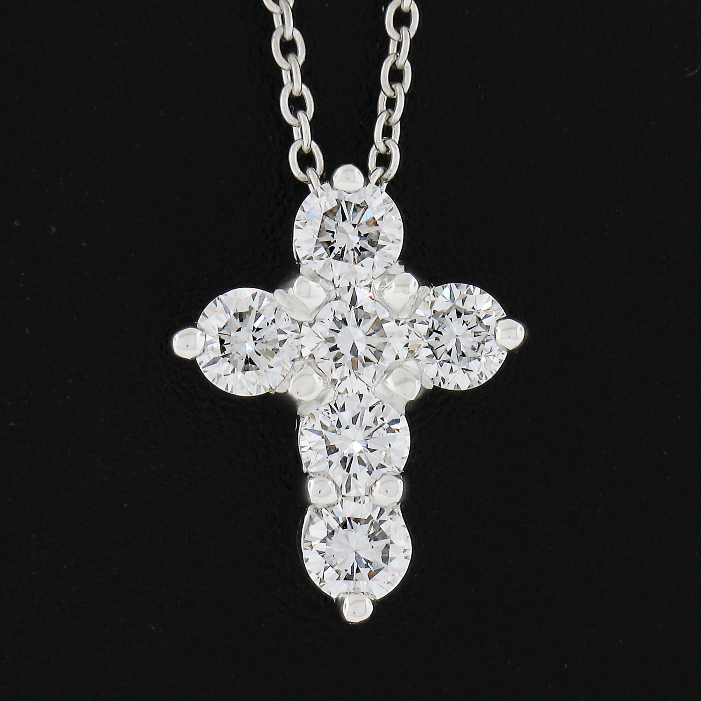 Round Cut New Platinum 1.53ctw Shared Prong Round Brilliant Diamond Cross Pendant w/ Chain For Sale