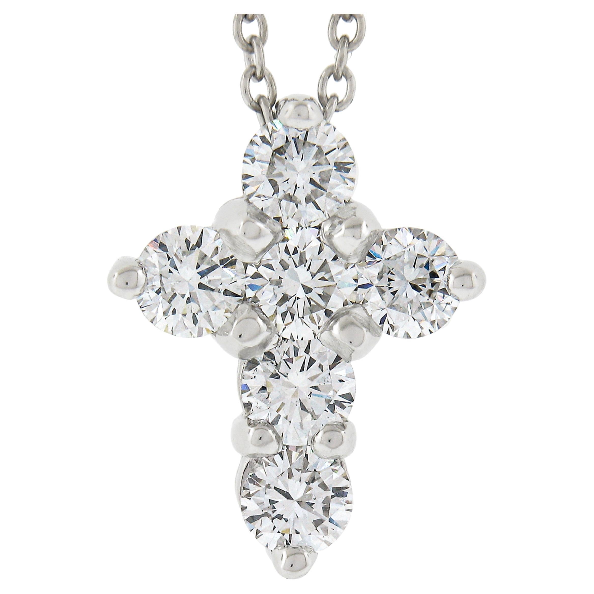 New Platinum 1.53ctw Shared Prong Round Brilliant Diamond Cross Pendant w/ Chain For Sale
