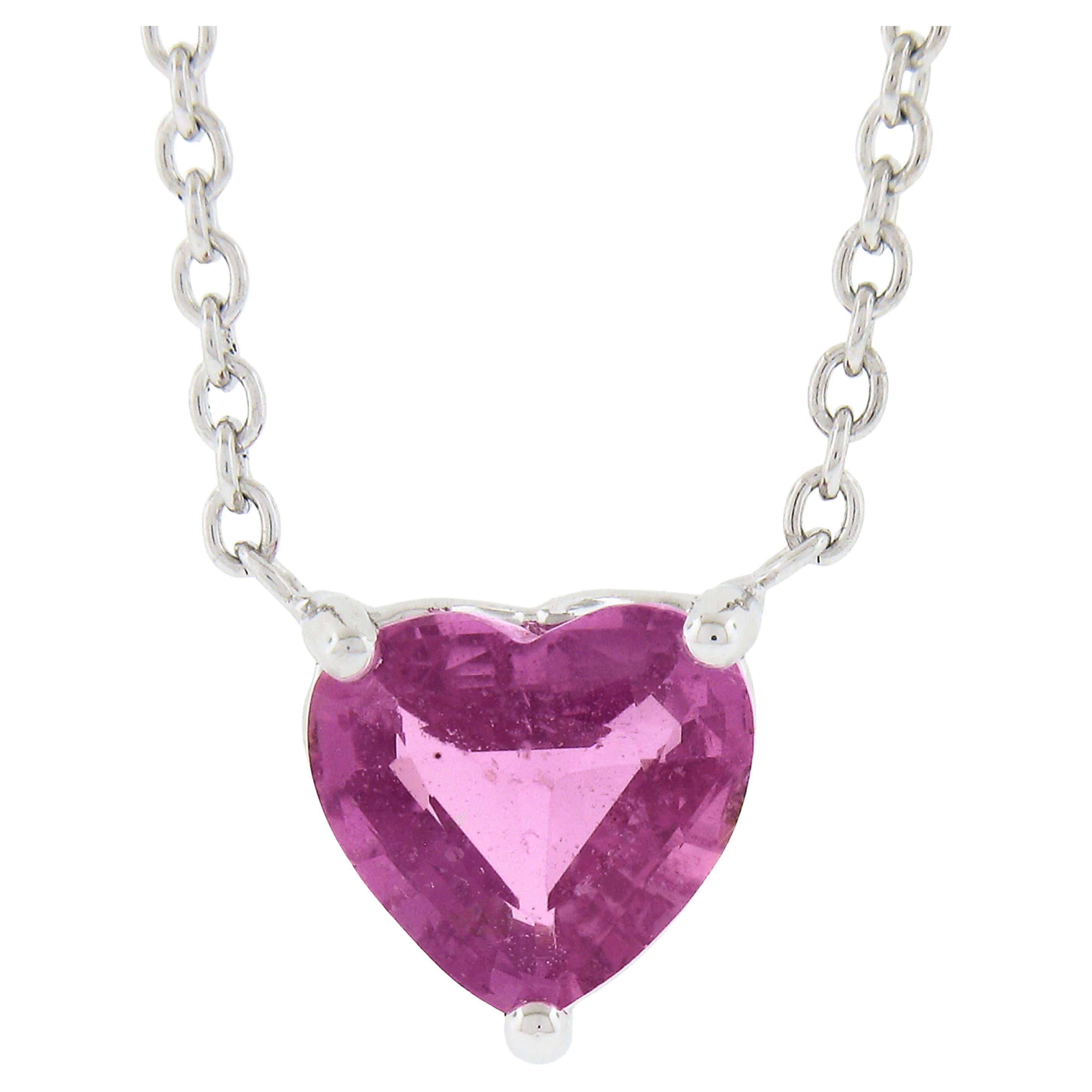 NEW Platinum 1.54ct GIA Heart Pink Sapphire Pendant Adjustable 16"/18" Necklace For Sale