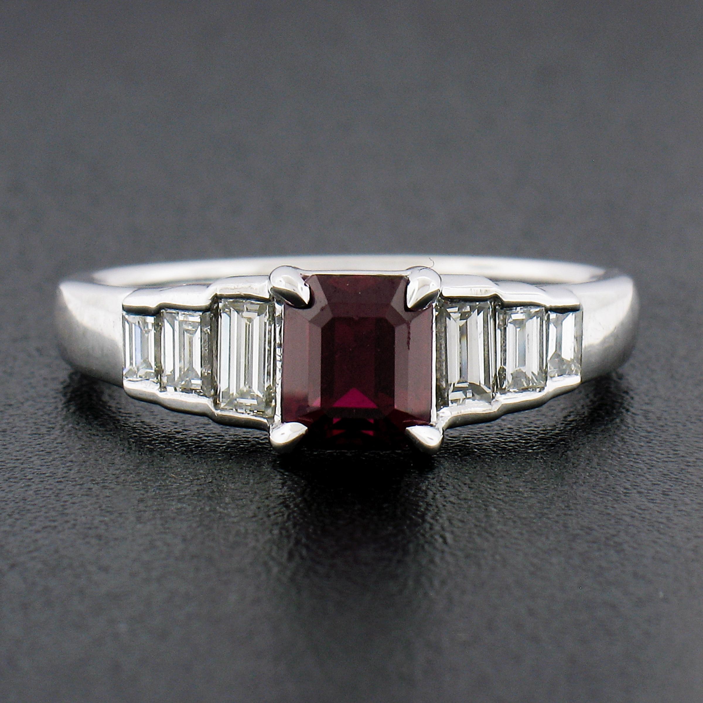 Octagon Cut New Platinum 1.68ctw GIA Rectangular Cut Ruby & Baguette Diamond Engagement Ring For Sale