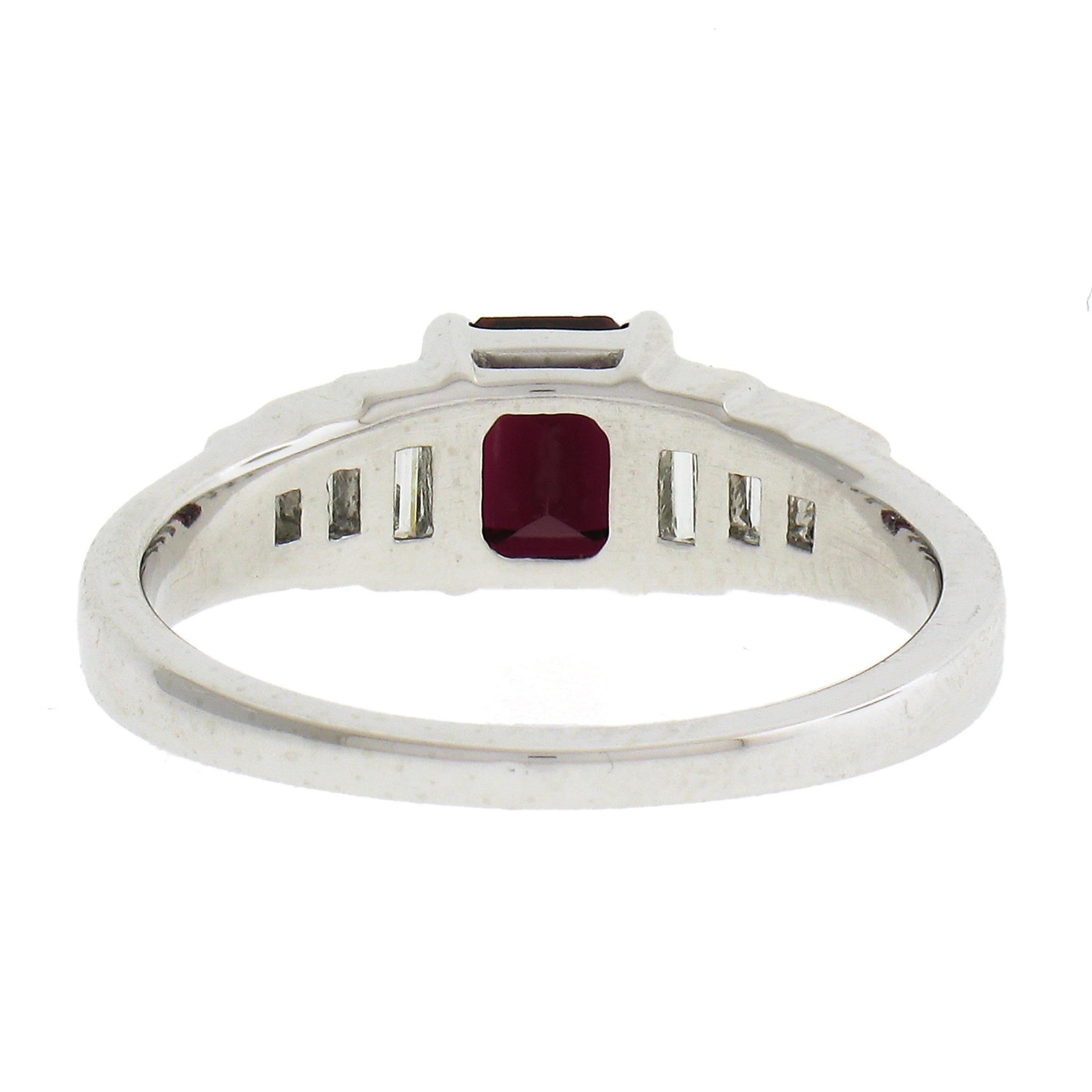 New Platinum 1.68ctw GIA Rectangular Cut Ruby & Baguette Diamond Engagement Ring For Sale 2