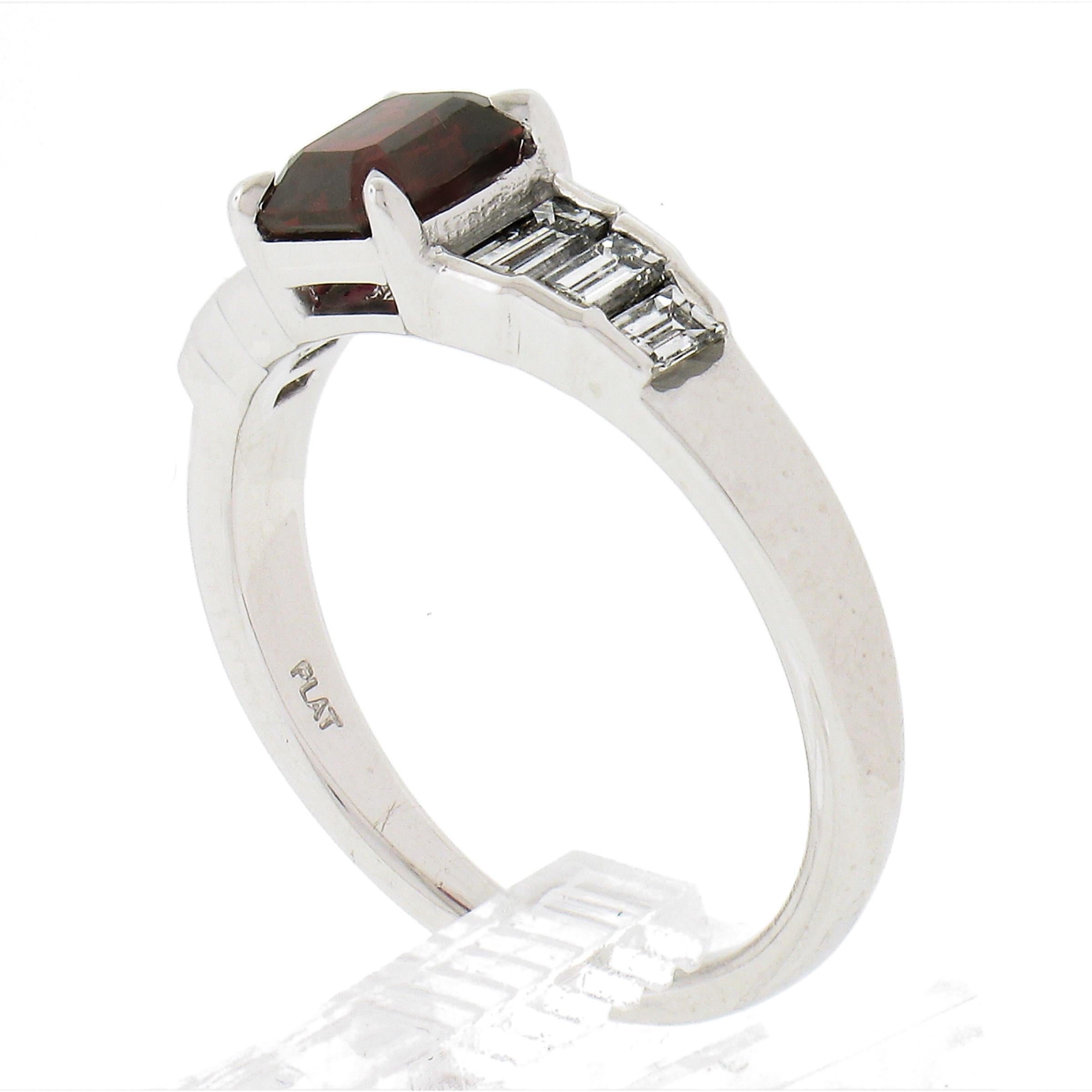 New Platinum 1.68ctw GIA Rectangular Cut Ruby & Baguette Diamond Engagement Ring For Sale 4