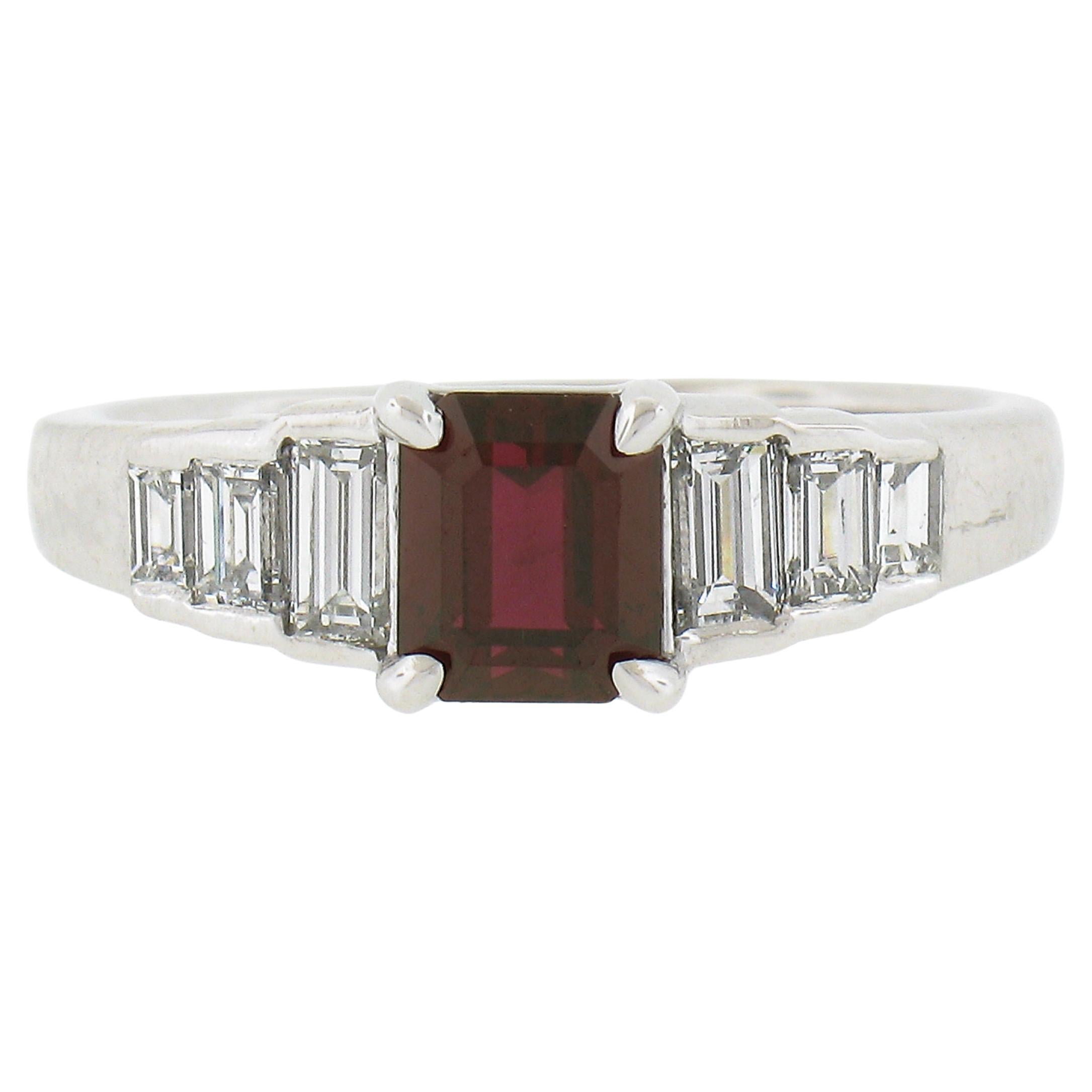 New Platinum 1.68ctw GIA Rectangular Cut Ruby & Baguette Diamond Engagement Ring For Sale