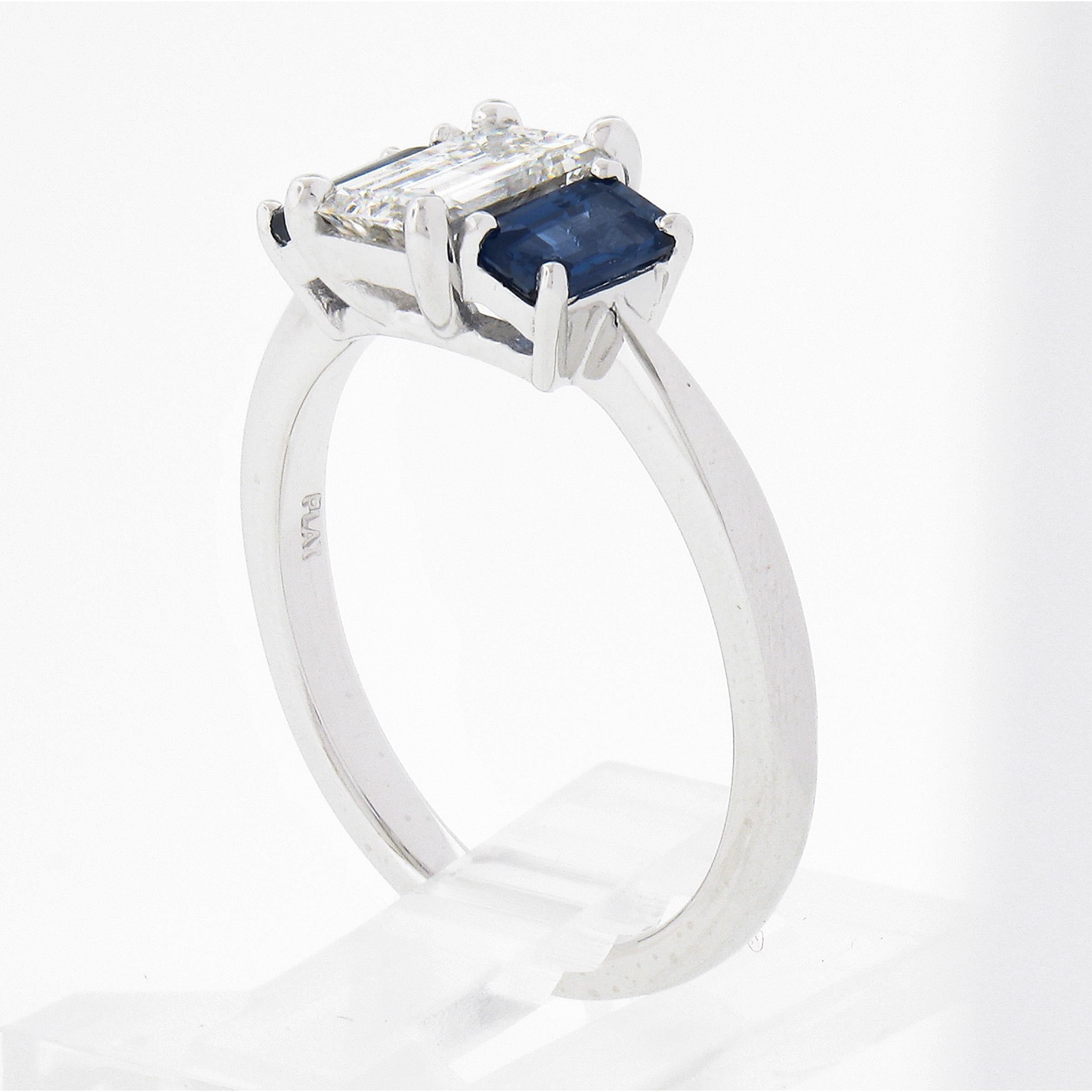 New Platinum 1.71ctw GIA Emerald Cut Diamond & Sapphire 3 Stone Engagement Ring For Sale 5