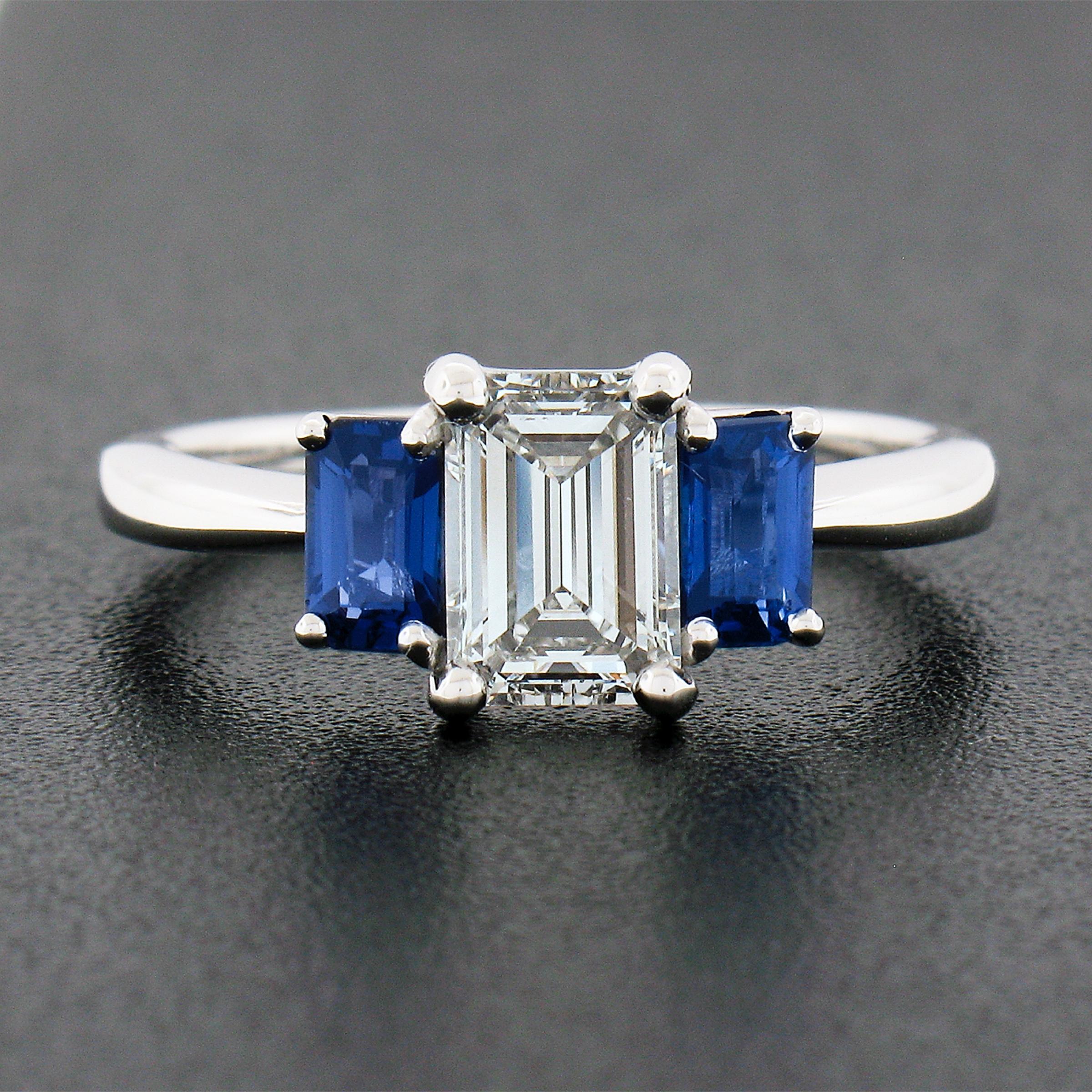 New Platinum 1.71ctw GIA Emerald Cut Diamond & Sapphire 3 Stone Engagement Ring In New Condition For Sale In Montclair, NJ