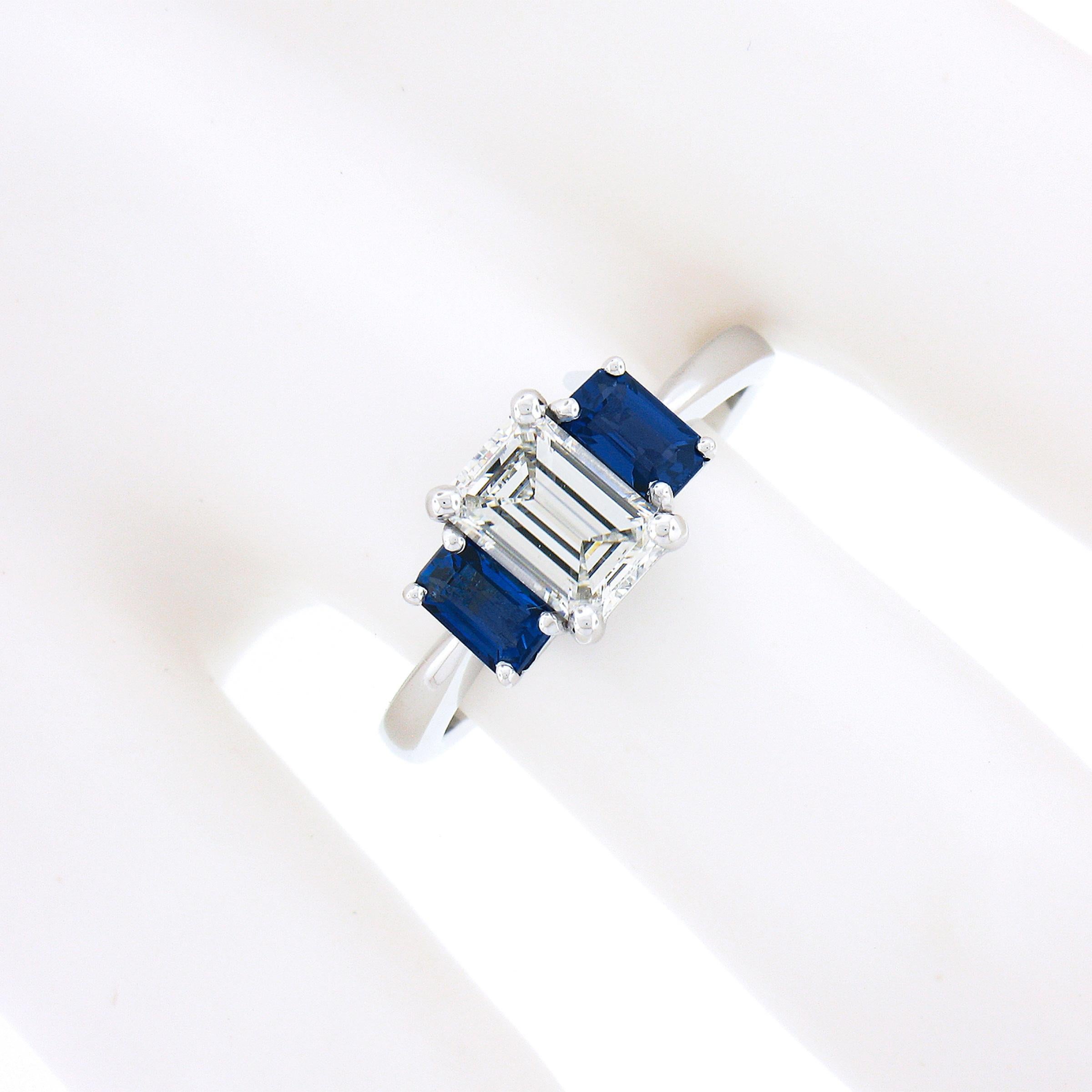 Women's New Platinum 1.71ctw GIA Emerald Cut Diamond & Sapphire 3 Stone Engagement Ring For Sale