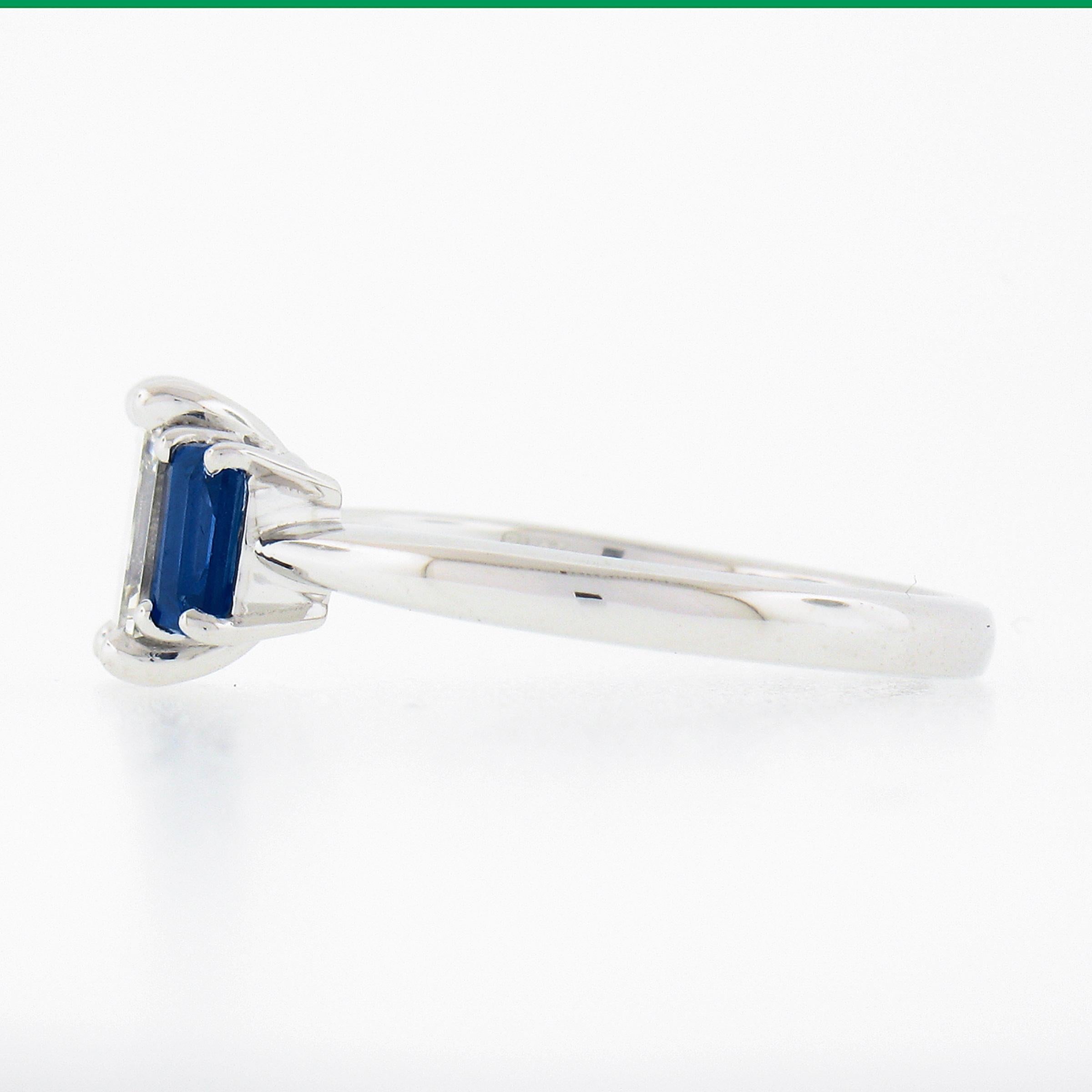 New Platinum 1.71ctw GIA Emerald Cut Diamond & Sapphire 3 Stone Engagement Ring For Sale 2