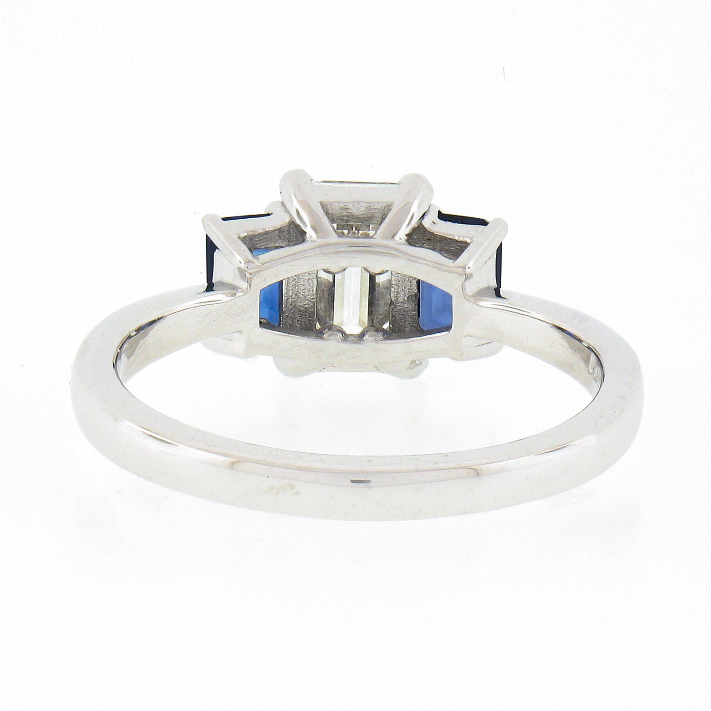 New Platinum 1.71ctw GIA Emerald Cut Diamond & Sapphire 3 Stone Engagement Ring For Sale 3