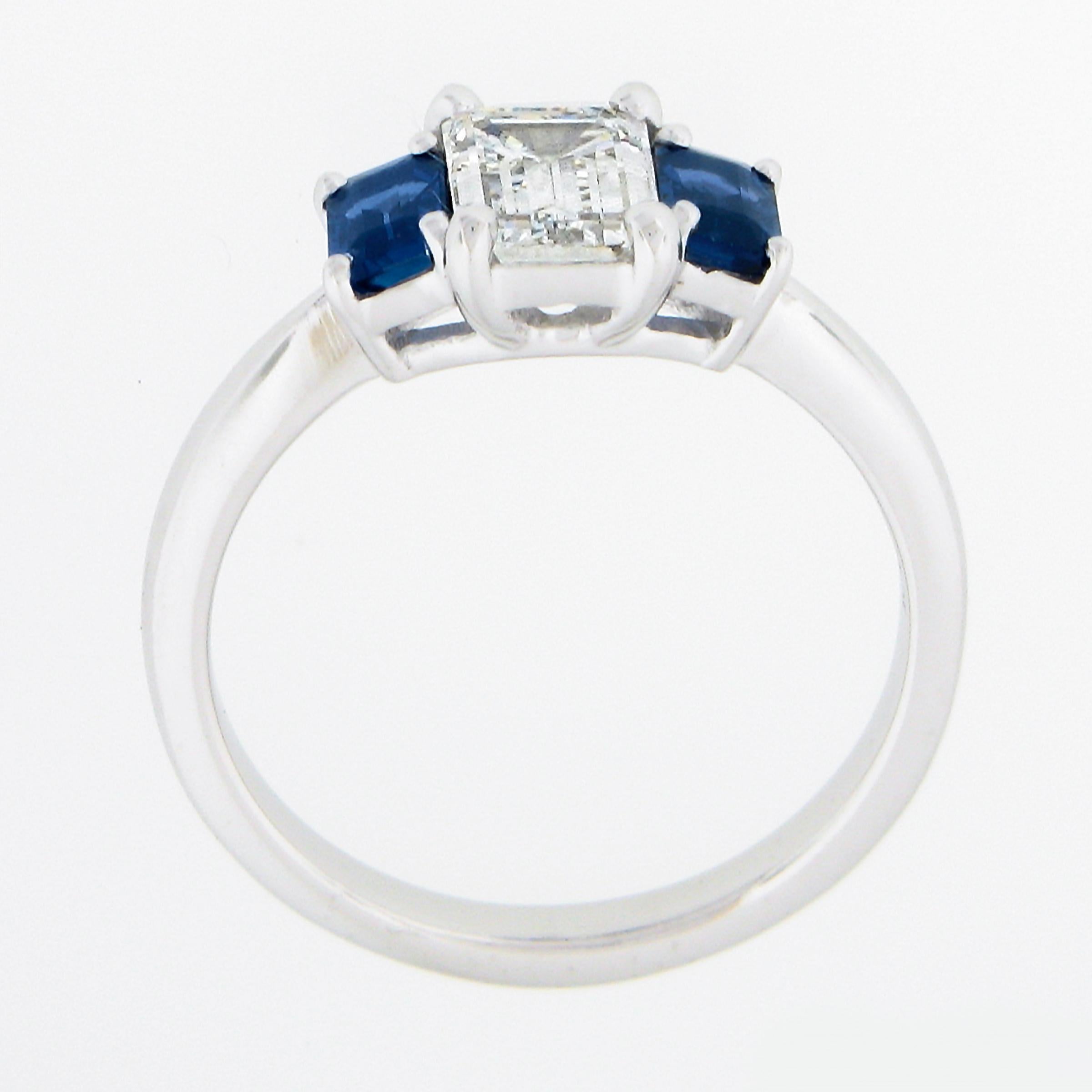 New Platinum 1.71ctw GIA Emerald Cut Diamond & Sapphire 3 Stone Engagement Ring For Sale 4