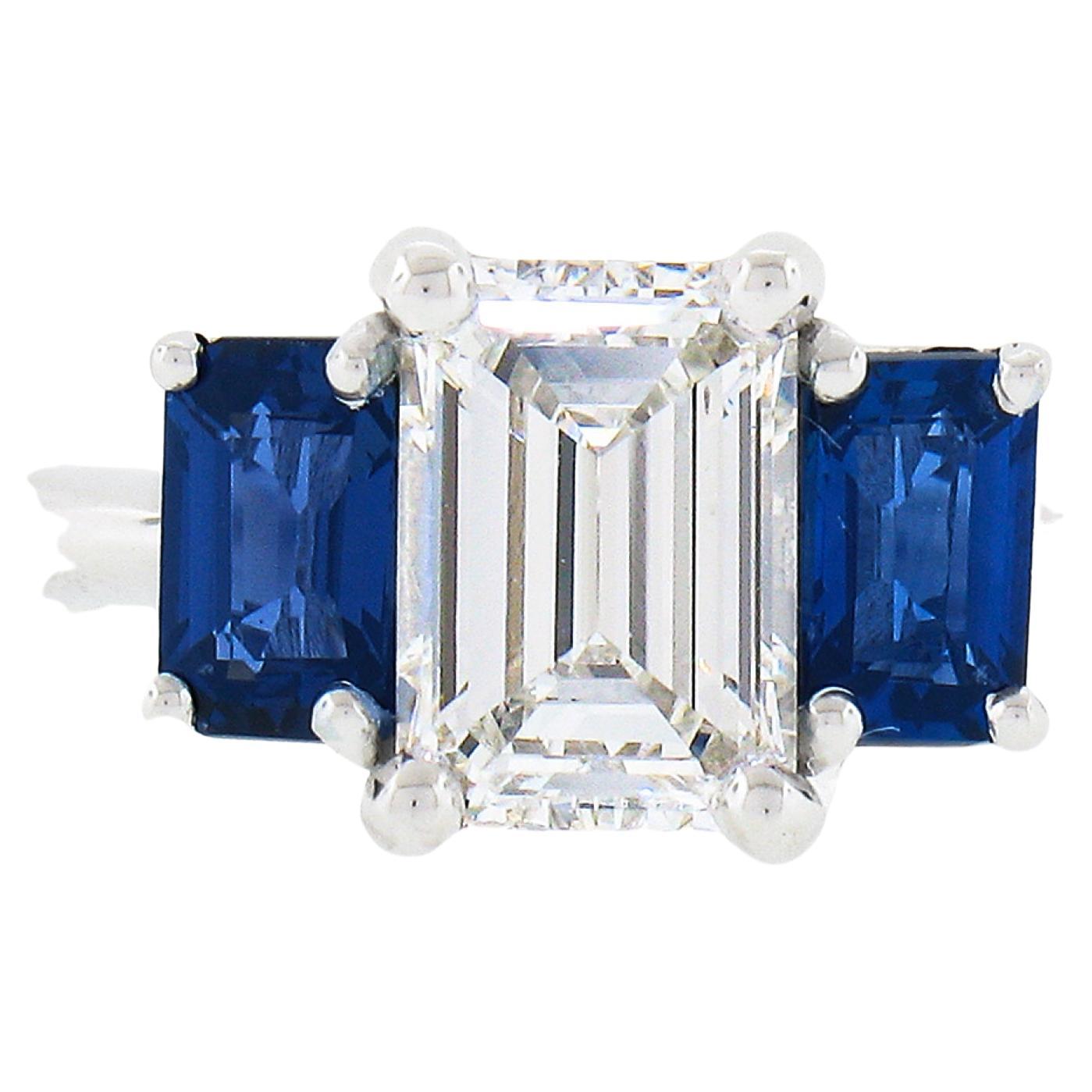 New Platinum 1.71ctw GIA Emerald Cut Diamond & Sapphire 3 Stone Engagement Ring For Sale