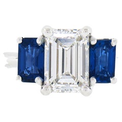 New Platinum 1.71ctw GIA Emerald Cut Diamond & Sapphire 3 Stone Engagement Ring