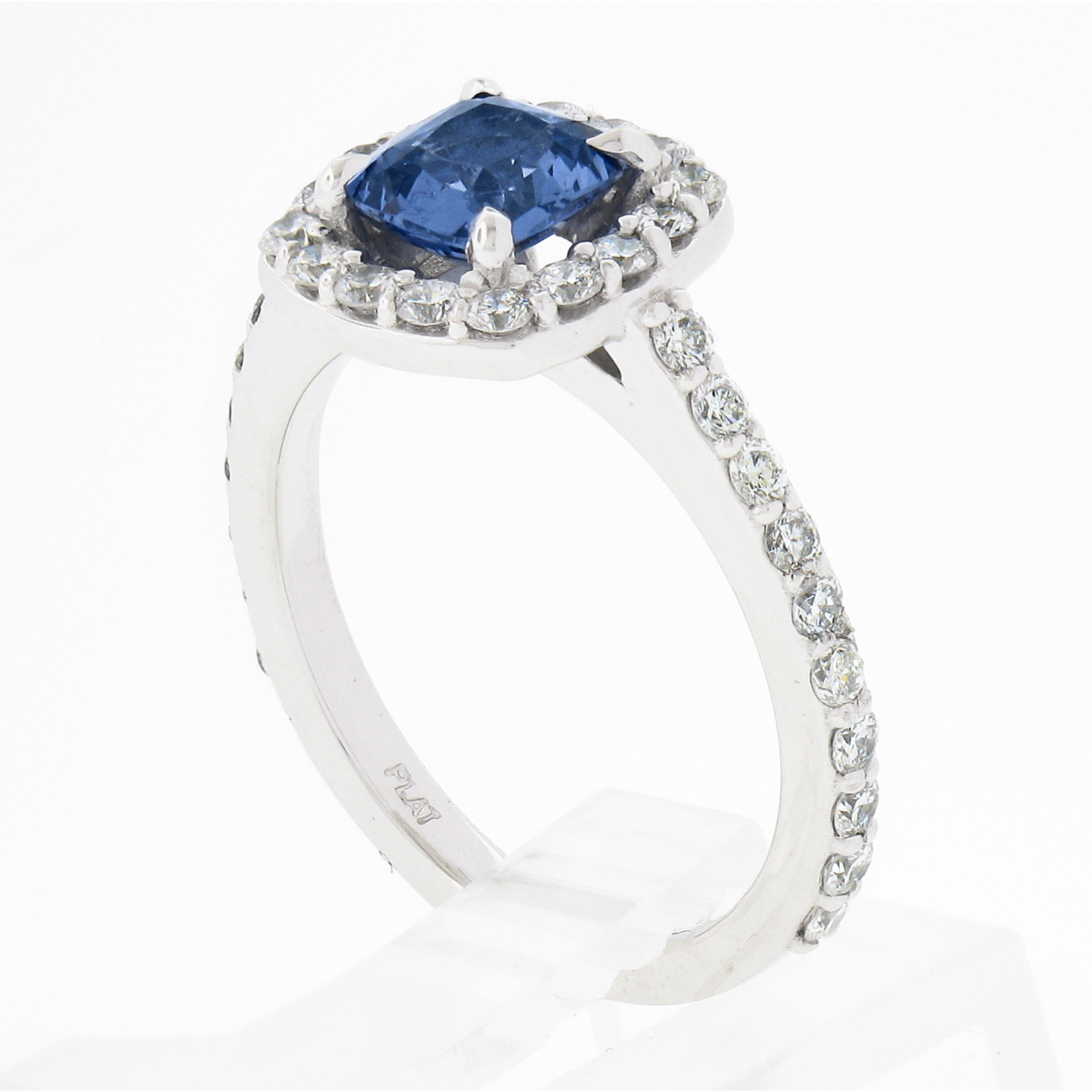 NEW Platinum 1.89ctw GIA NO HEAT Cushion Blue Spinel Brilliant Diamond Halo Ring For Sale 3