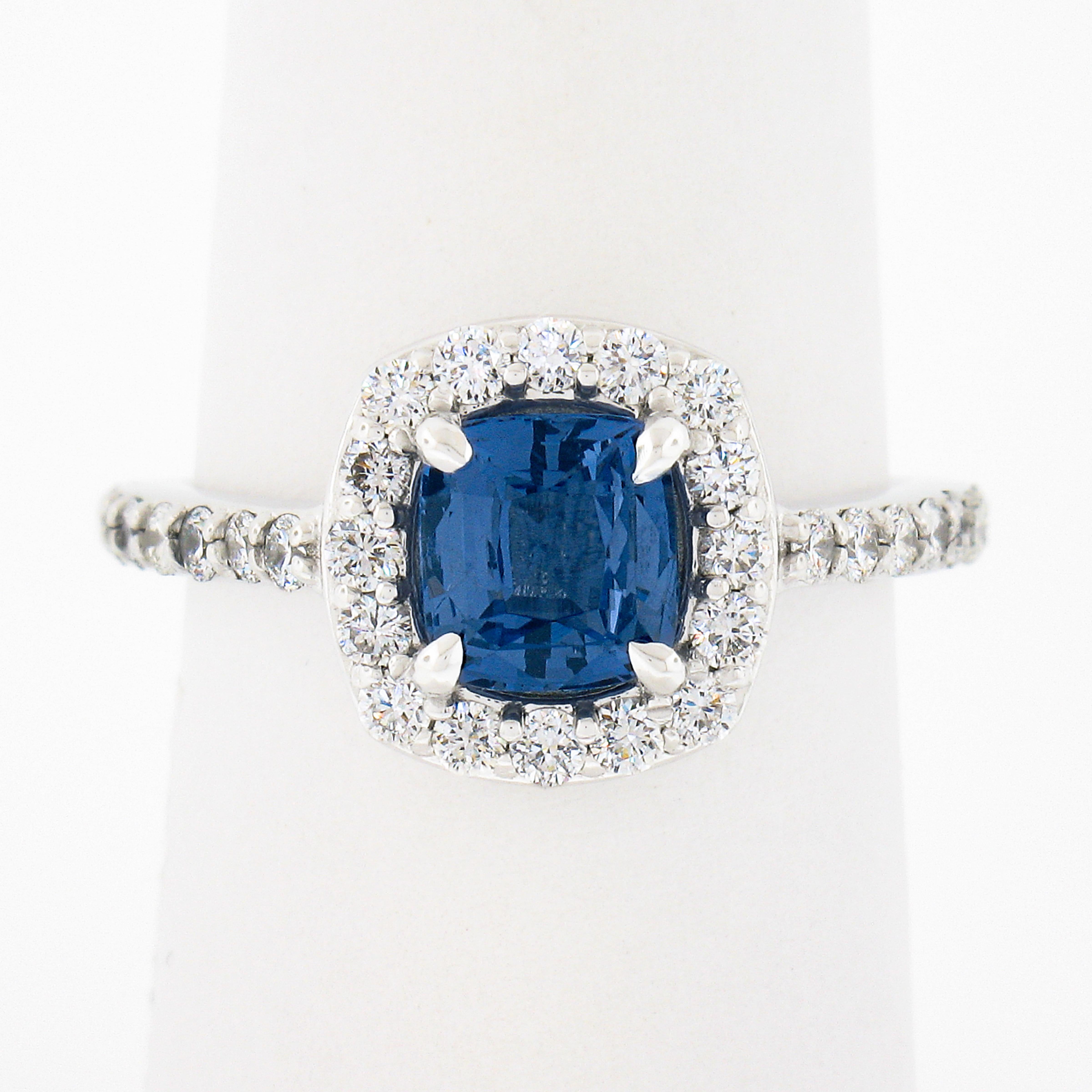 NEW Platinum 1.89ctw GIA NO HEAT Cushion Blue Spinel Brilliant Diamond Halo Ring For Sale