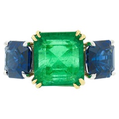Nouveau Platine & Or 18K 12.29ctw GIA Emerald & Sapphire 3 Stone Engagement Ring