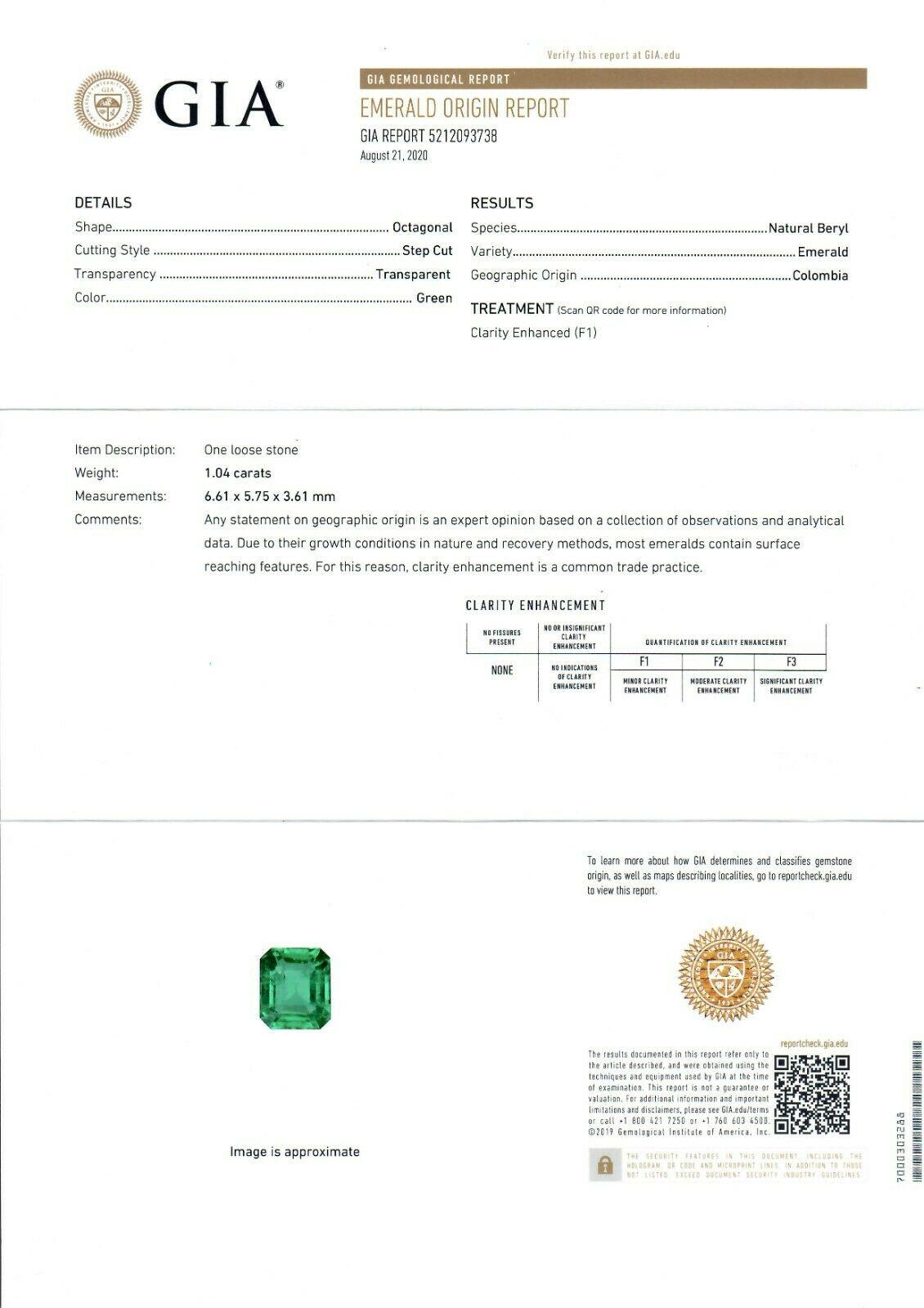 Platinum 18k Gold 1.04 Carat GIA Clean Colombian Emerald & Diamond 3-Stone Ring 5