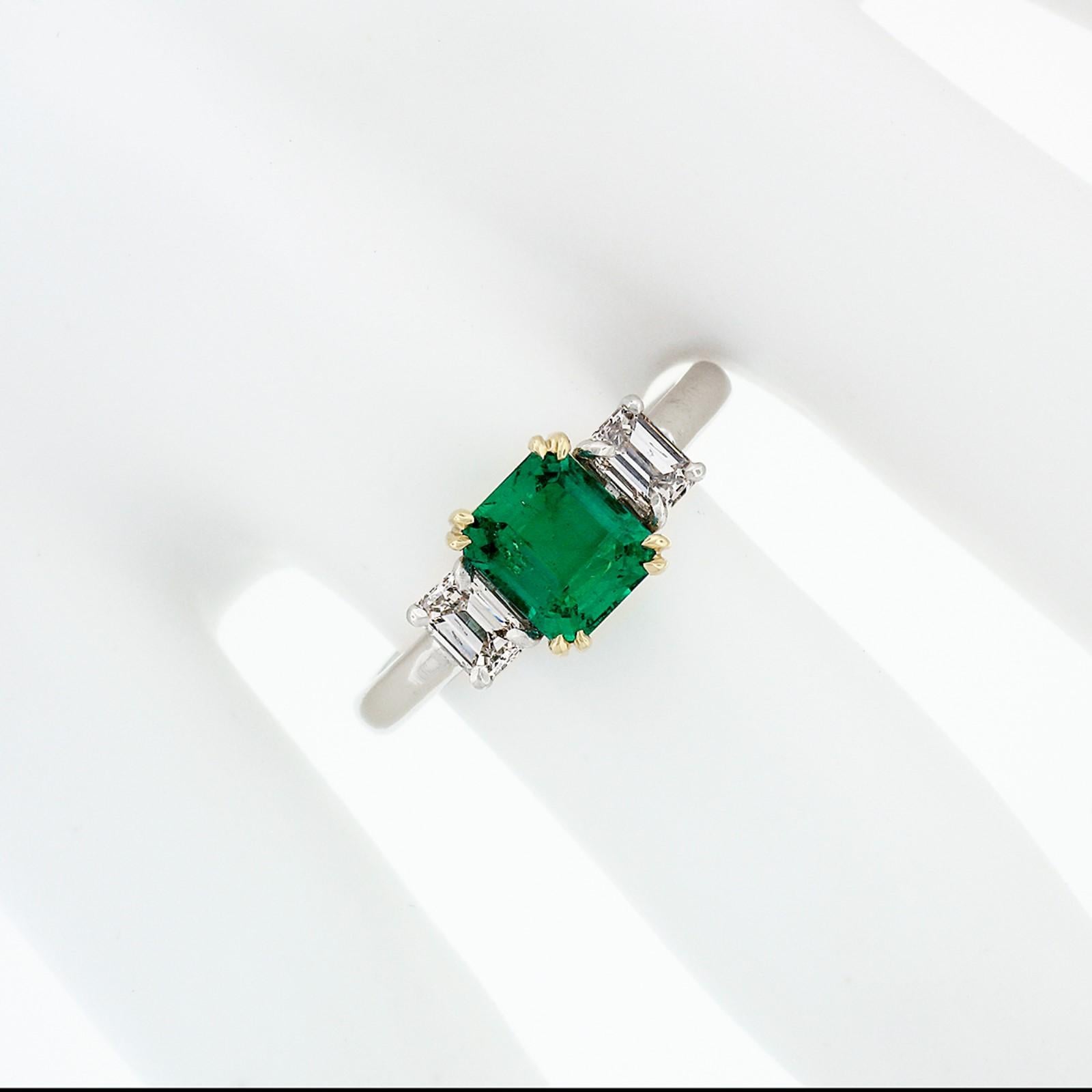 Emerald Cut Platinum 18k Gold 1.04 Carat GIA Clean Colombian Emerald & Diamond 3-Stone Ring