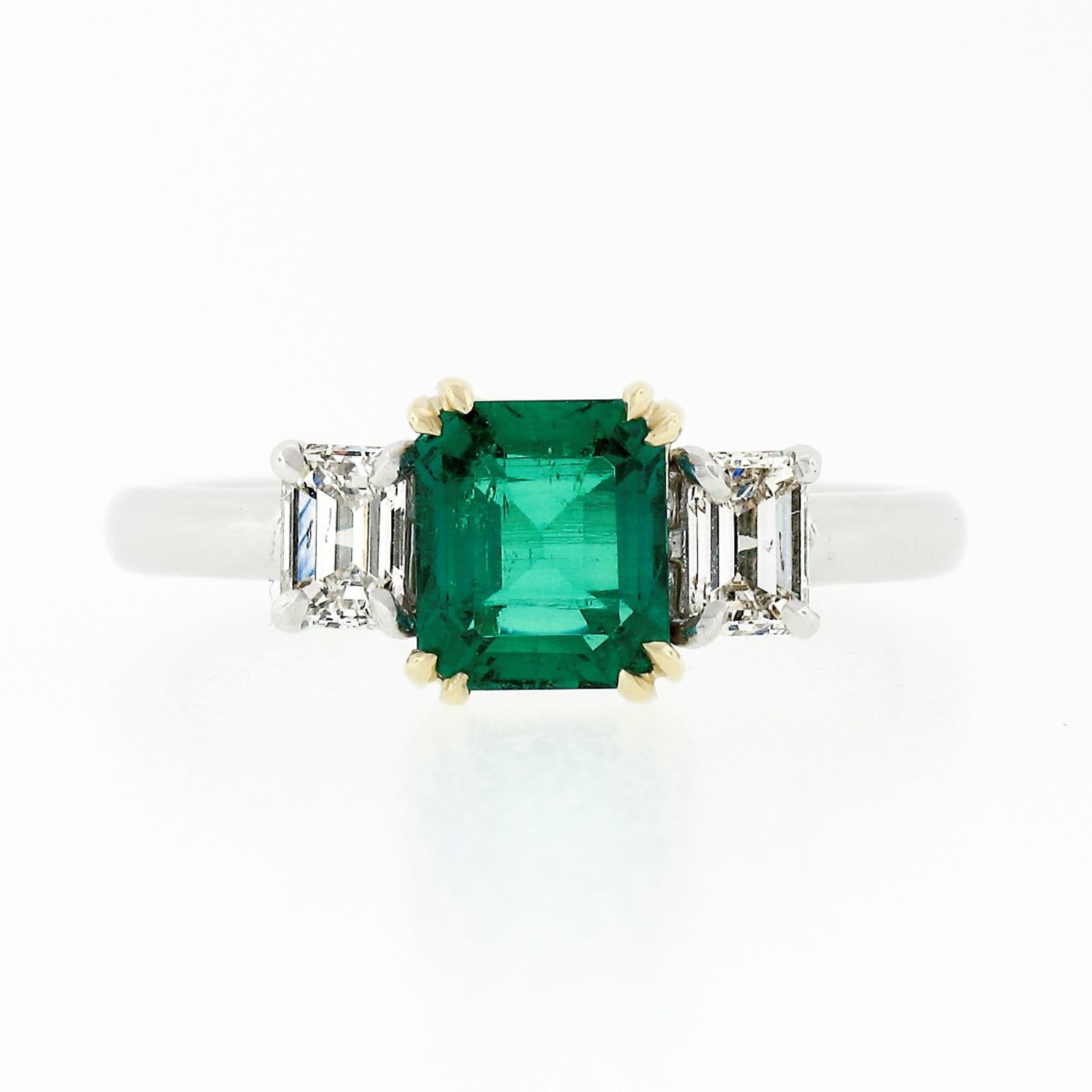 Platinum 18k Gold 1.04 Carat GIA Clean Colombian Emerald & Diamond 3-Stone Ring In New Condition In Montclair, NJ