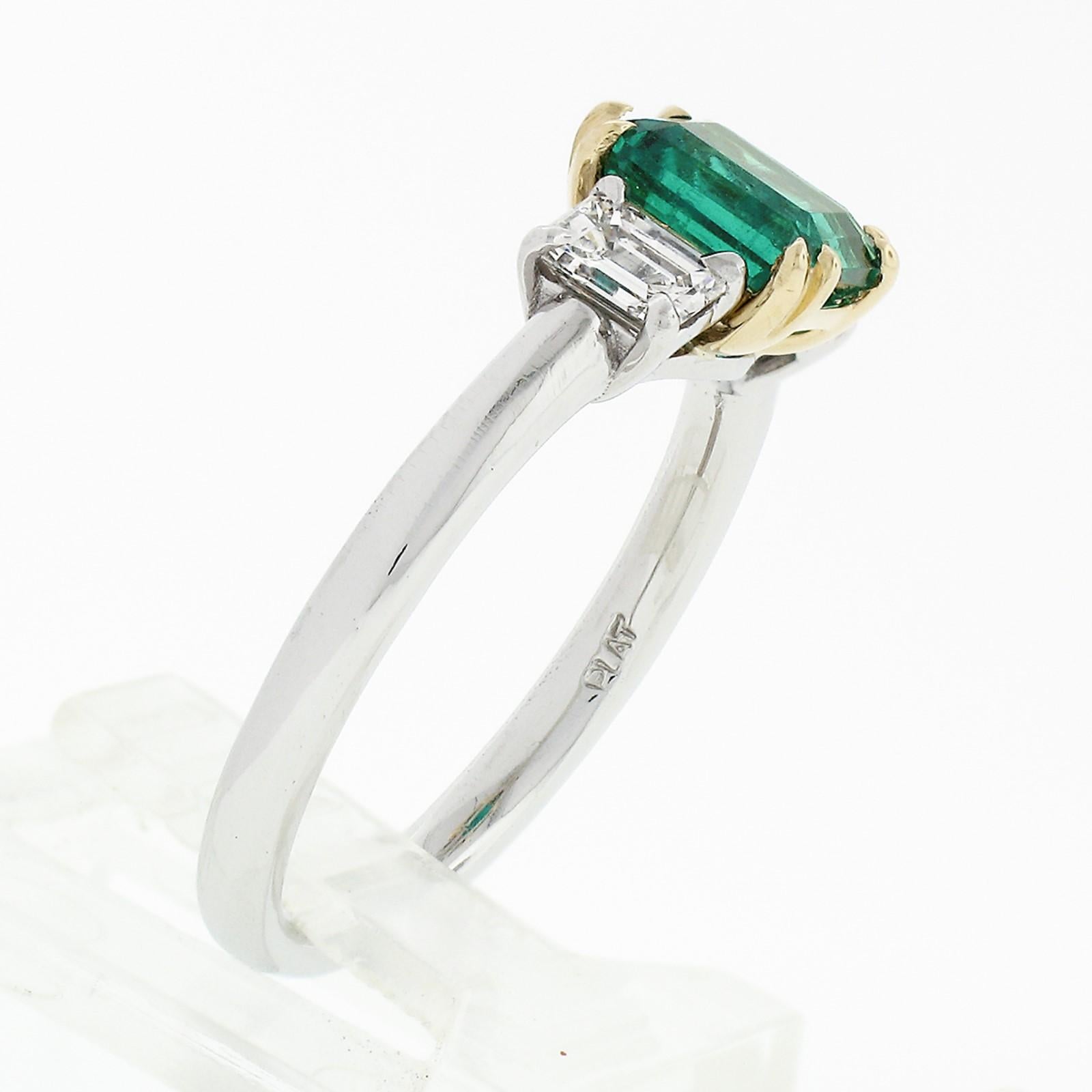 Platinum 18k Gold 1.04 Carat GIA Clean Colombian Emerald & Diamond 3-Stone Ring 1