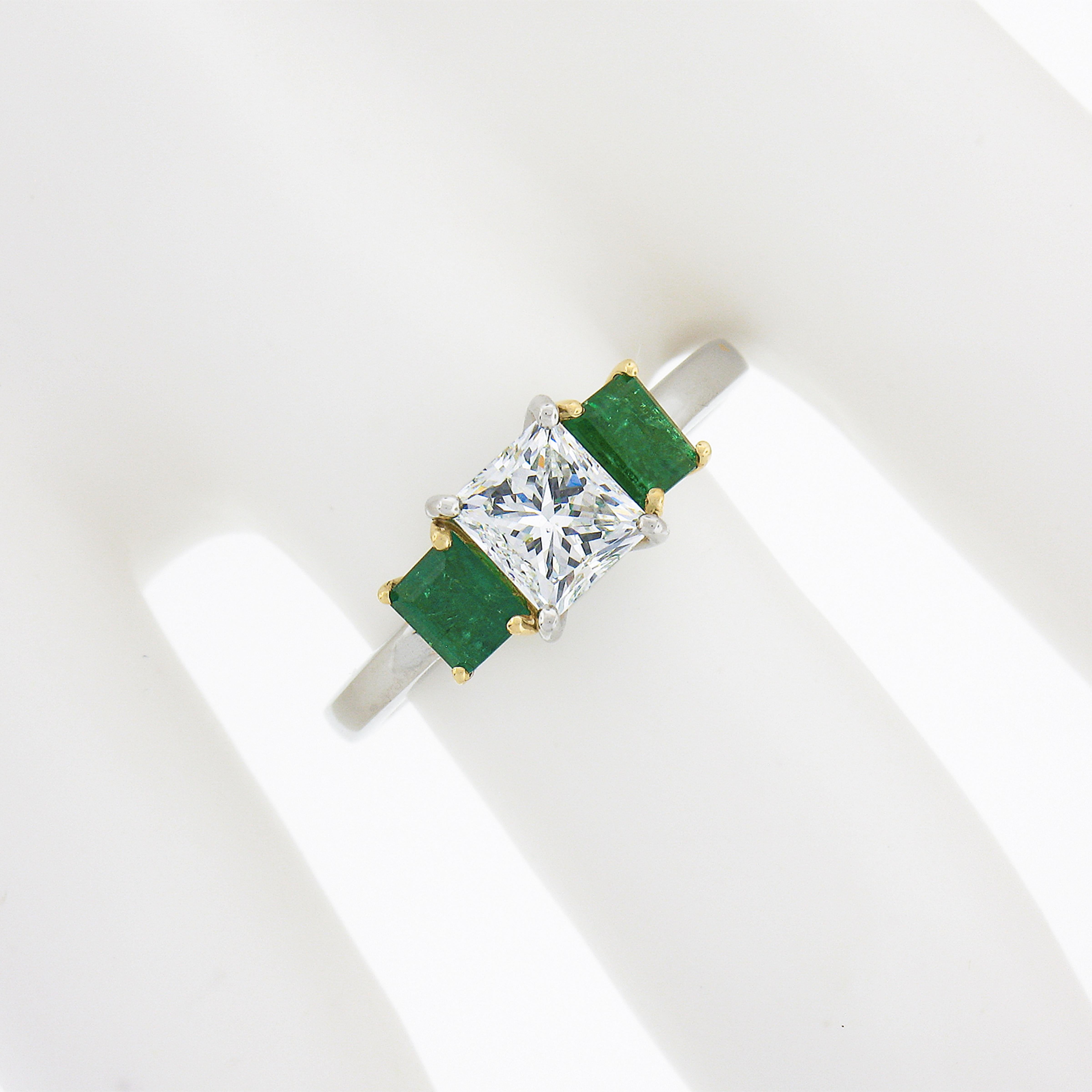 Square Cut New Platinum 18k Gold 1.64ct GIA Princess Diamond W/ Square Emerald 3 Stone Ring For Sale