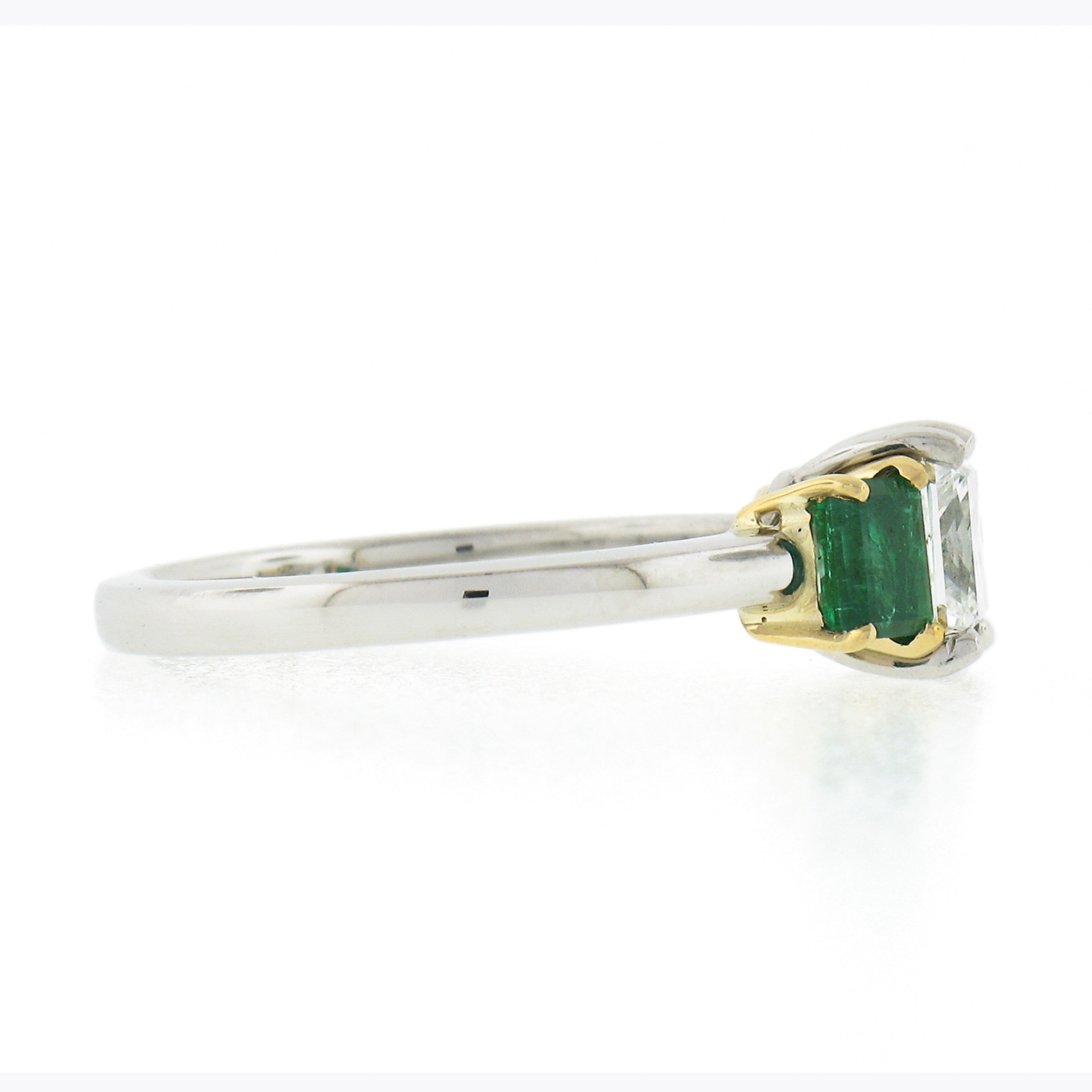 New Platinum 18k Gold 1.64ct GIA Princess Diamond W/ Square Emerald 3 Stone Ring In New Condition For Sale In Montclair, NJ