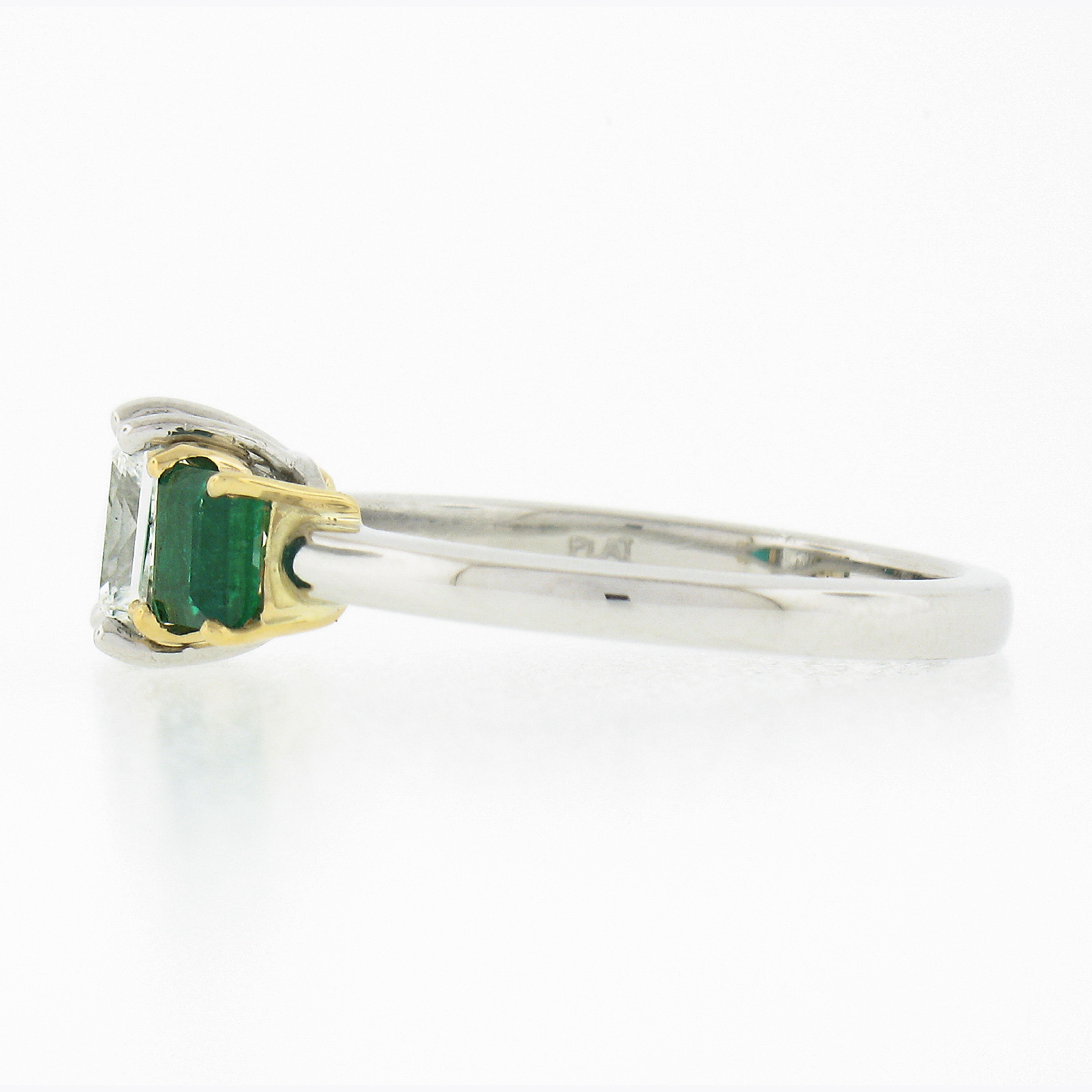 Women's New Platinum 18k Gold 1.64ct GIA Princess Diamond W/ Square Emerald 3 Stone Ring For Sale