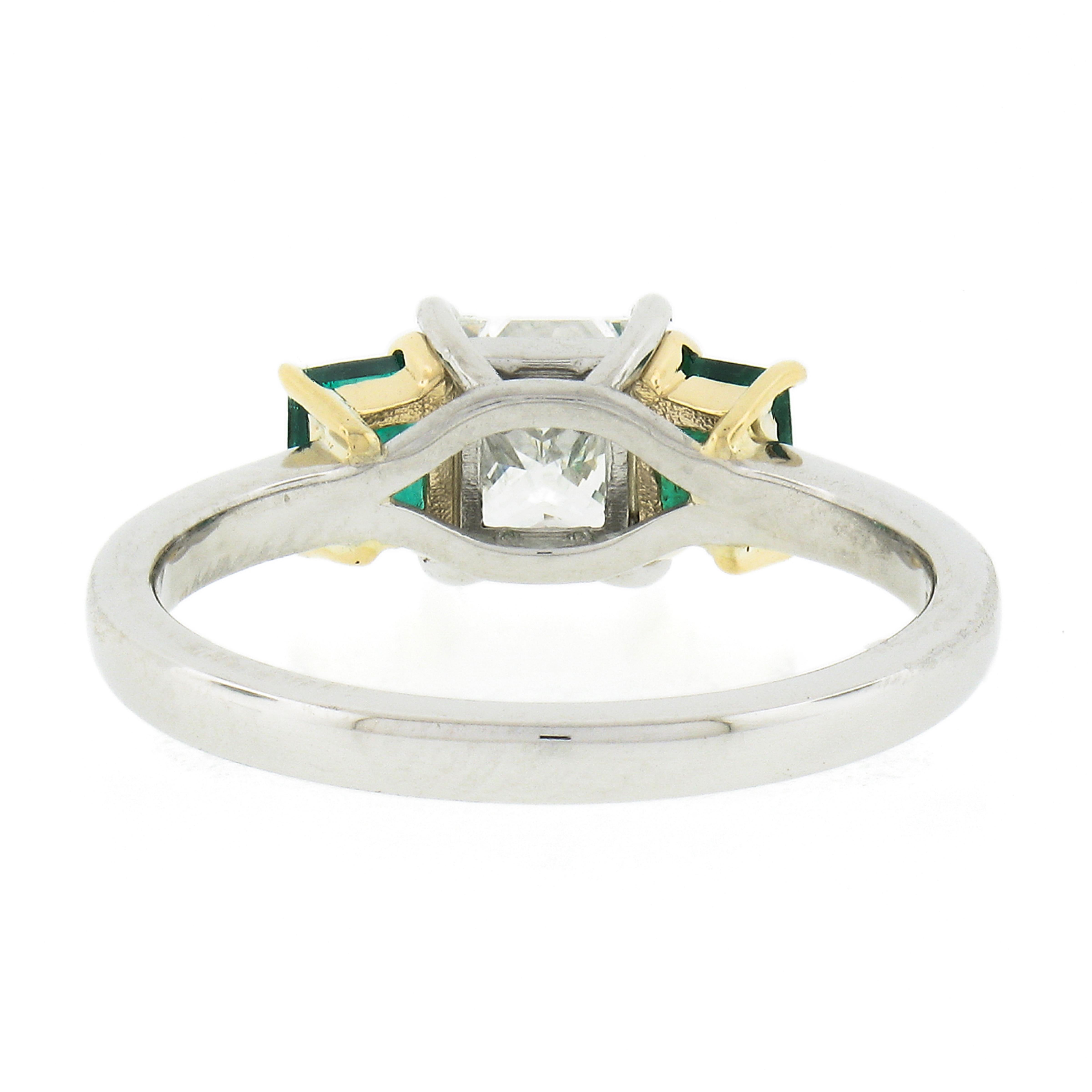 New Platinum 18k Gold 1.64ct GIA Princess Diamond W/ Square Emerald 3 Stone Ring For Sale 1