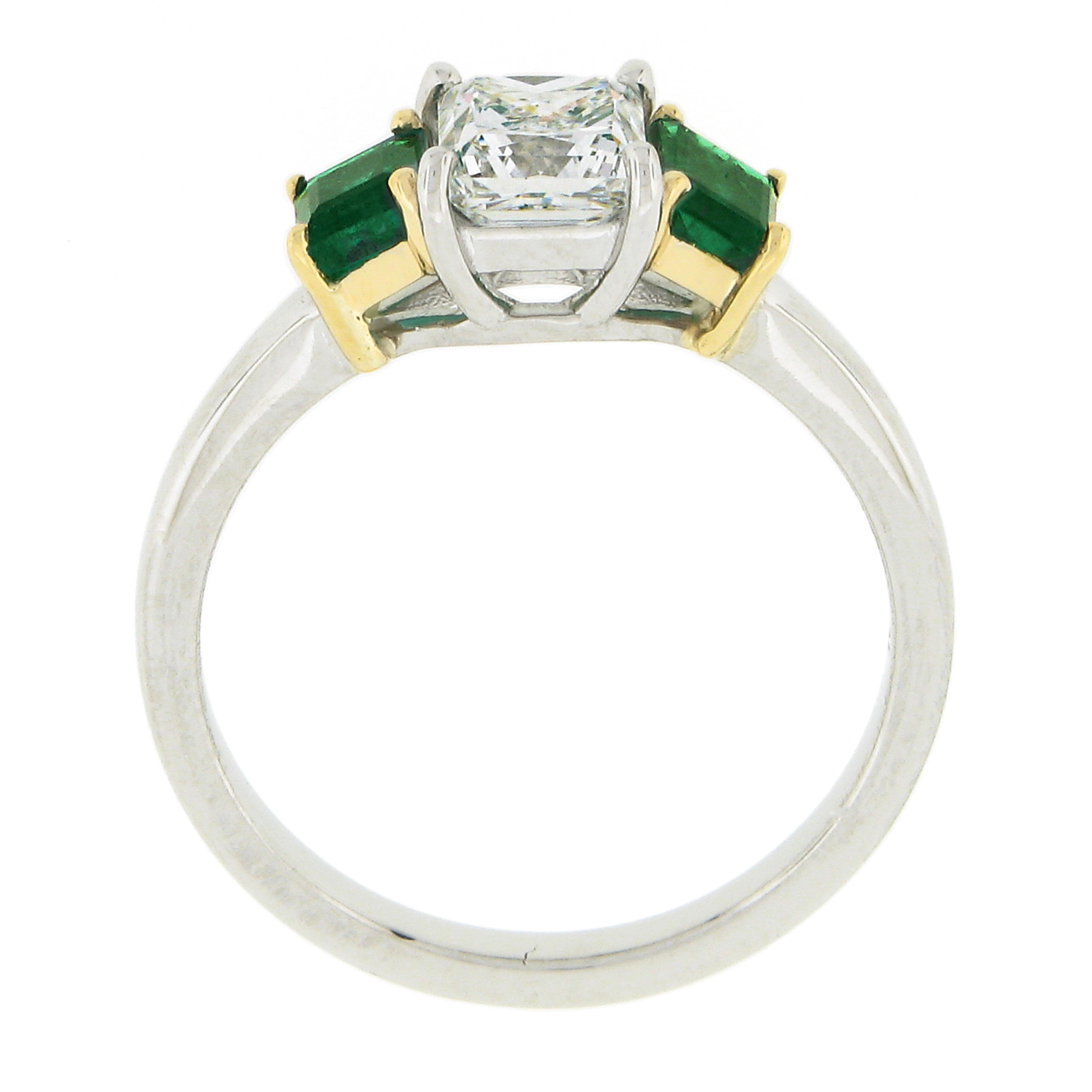 New Platinum 18k Gold 1.64ct GIA Princess Diamond W/ Square Emerald 3 Stone Ring For Sale 2