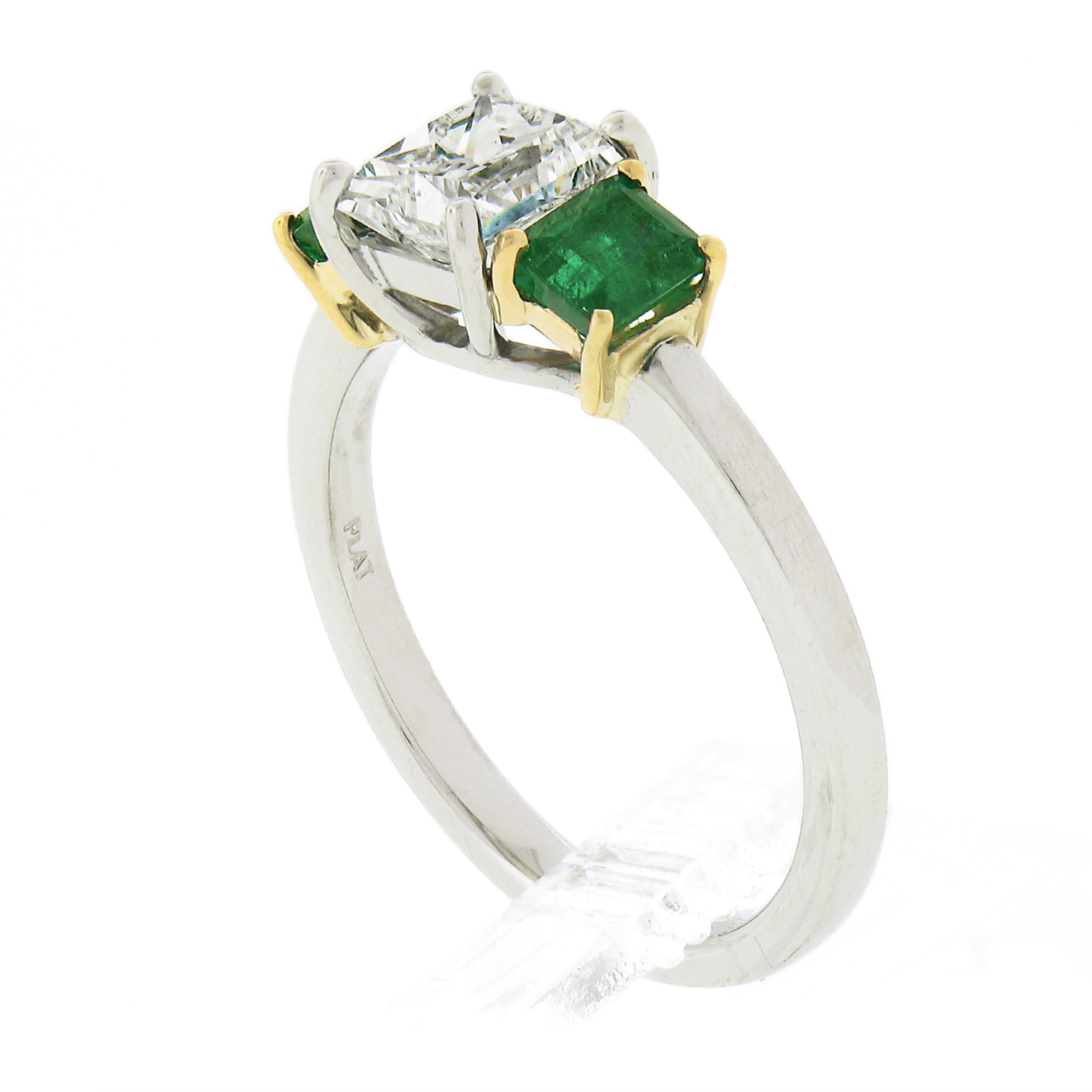New Platinum 18k Gold 1.64ct GIA Princess Diamond W/ Square Emerald 3 Stone Ring For Sale 3