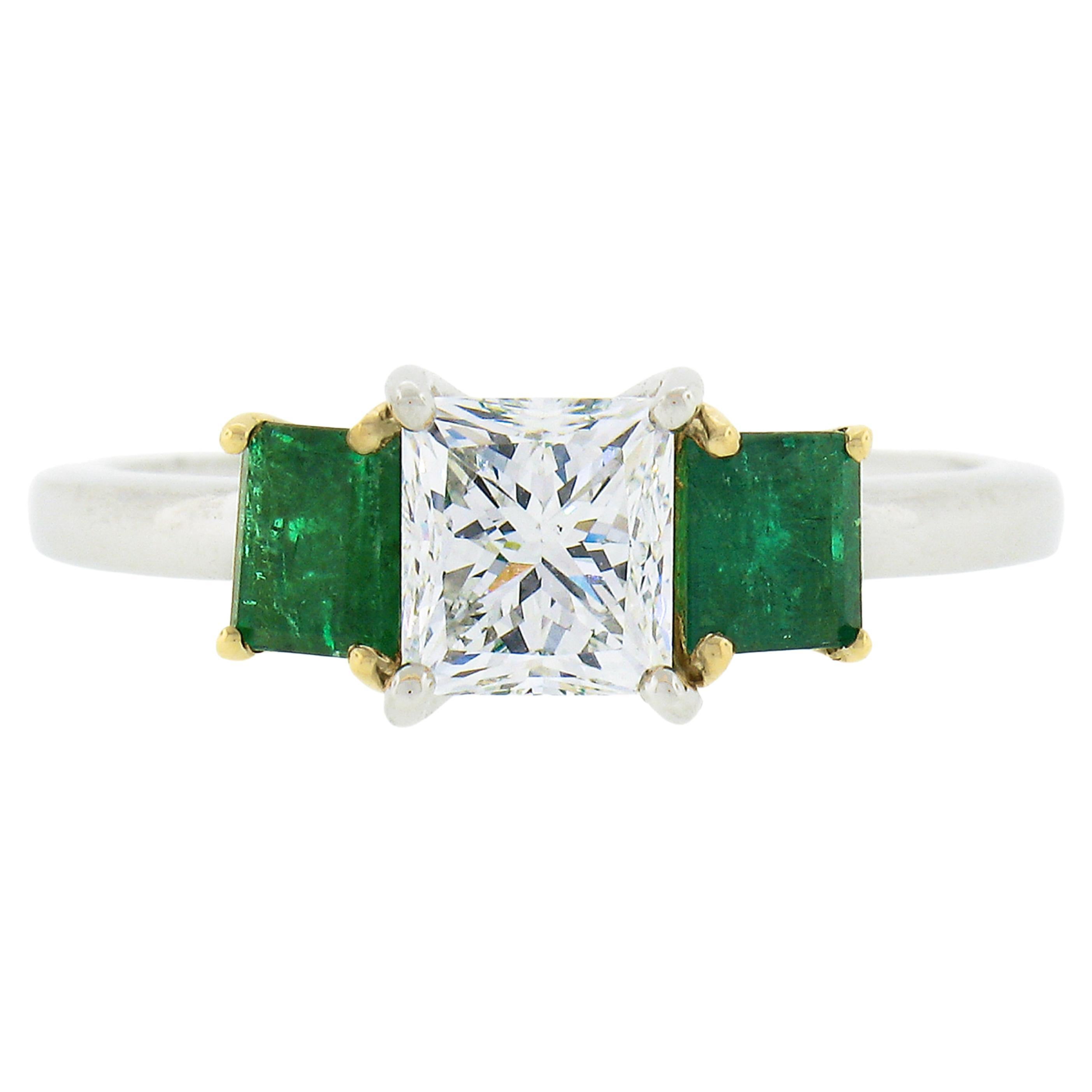 New Platinum 18k Gold 1.64ct GIA Princess Diamond W/ Square Emerald 3 Stone Ring For Sale