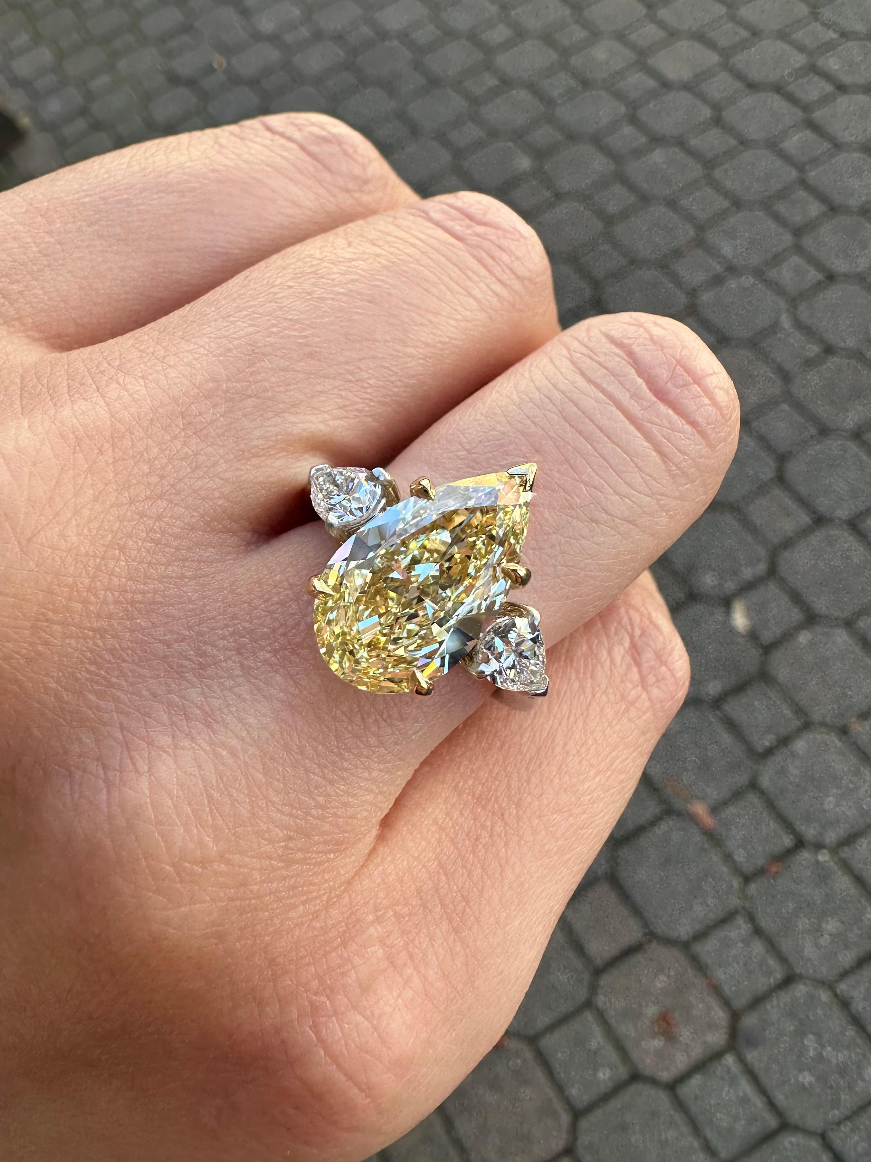 New Platinum 18k Gold 6ctw GIA Fancy Yellow & White Pear Diamond Engagement Ring 9