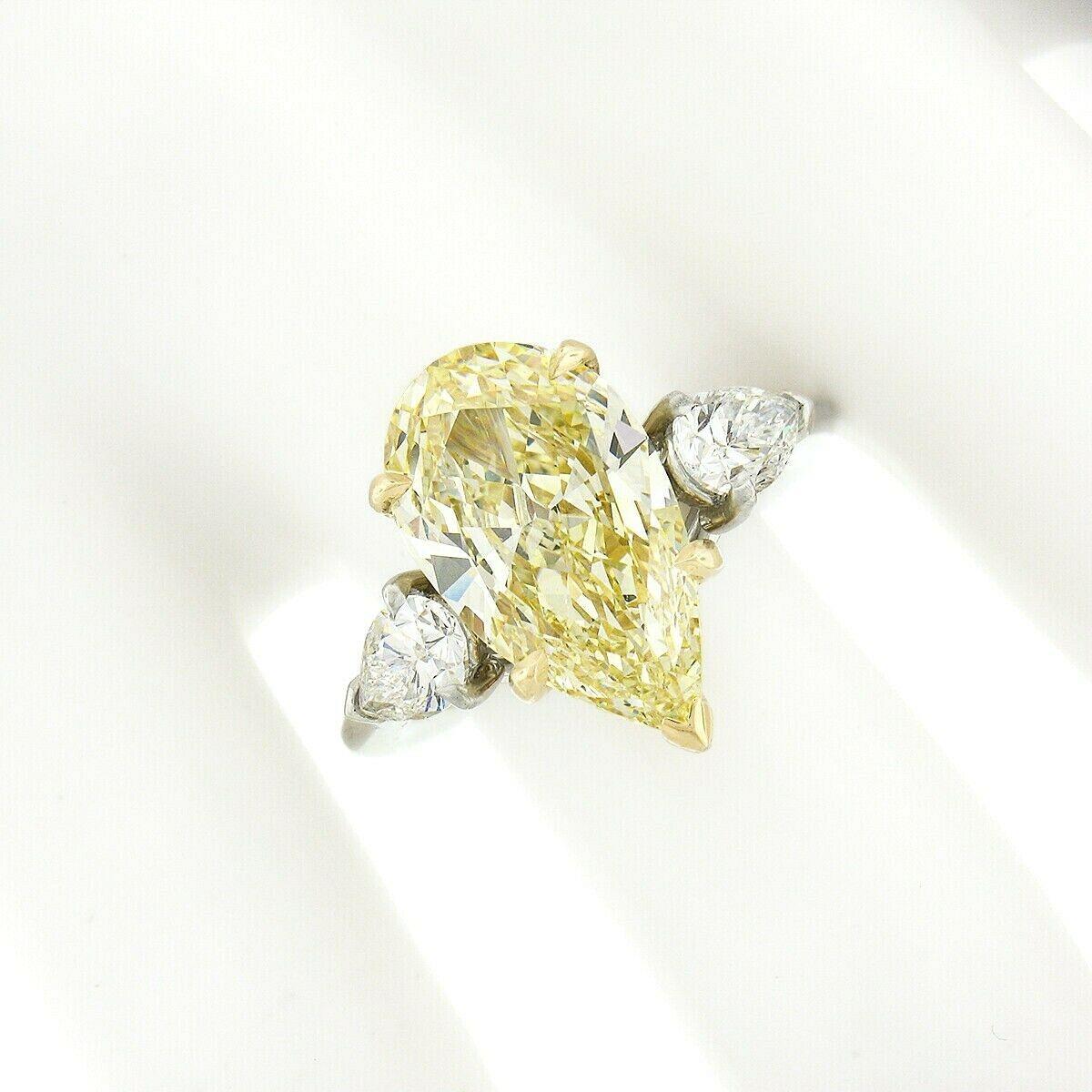 New Platinum 18k Gold 6ctw GIA Fancy Yellow & White Pear Diamond Engagement Ring In New Condition In Montclair, NJ