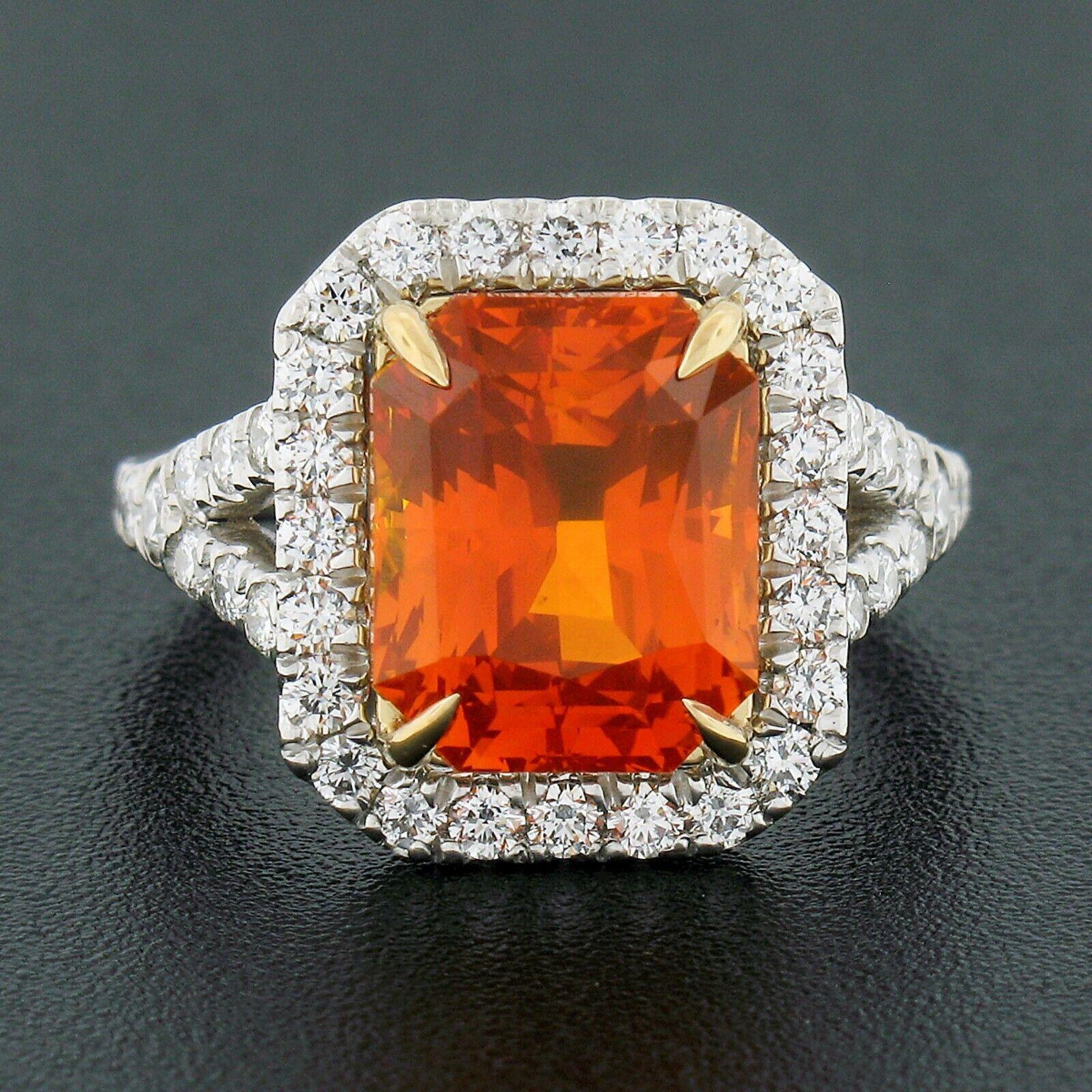 Emerald Cut New Platinum & 18K Gold 7.78ct GIA Vivid Orange Sapphire & Diamond Cocktail Ring For Sale