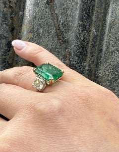 New Platinum & 18k Gold GIA 11.19ctw Emerald w/ Old Mine Cut Diamond Sides Ring