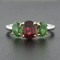New Platinum 18k Gold GIA Burma No Heat Oval Red Spinel & Tsavorite 3 Stone Ring