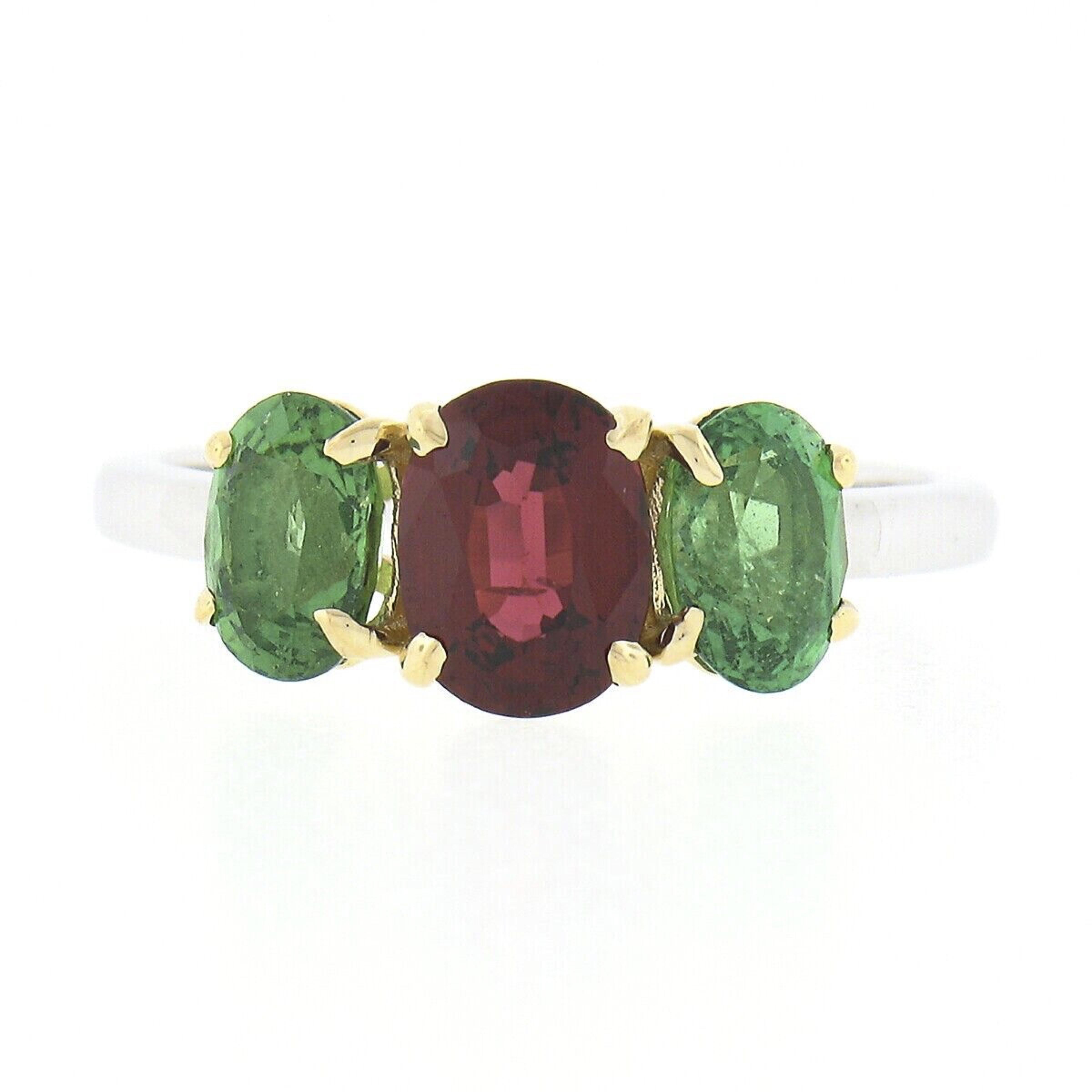 Oval Cut New Platinum 18k Gold GIA Burma No Heat Oval Red Spinel & Tsavorite 3 Stone Ring For Sale
