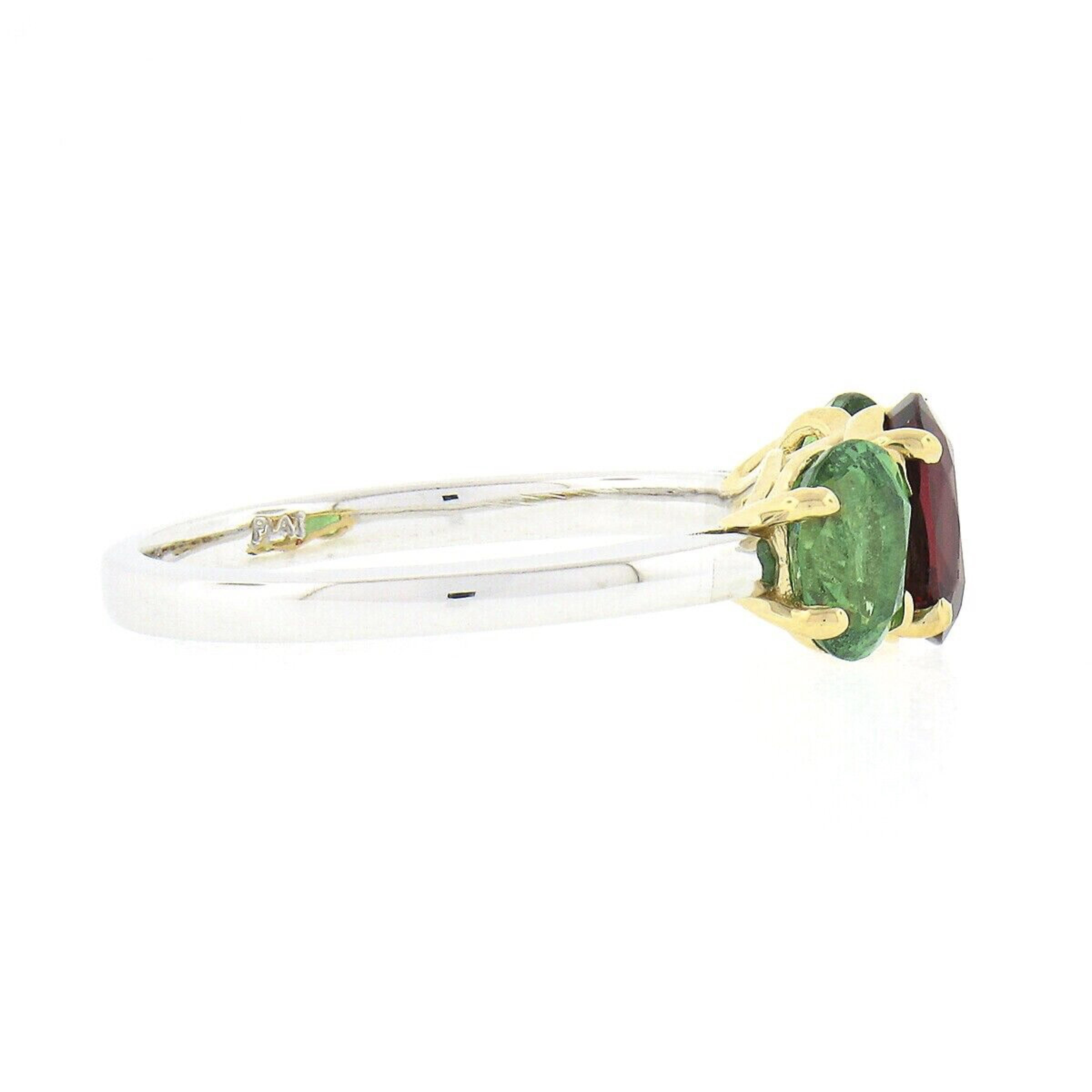 New Platinum 18k Gold GIA Burma No Heat Oval Red Spinel & Tsavorite 3 Stone Ring In New Condition For Sale In Montclair, NJ