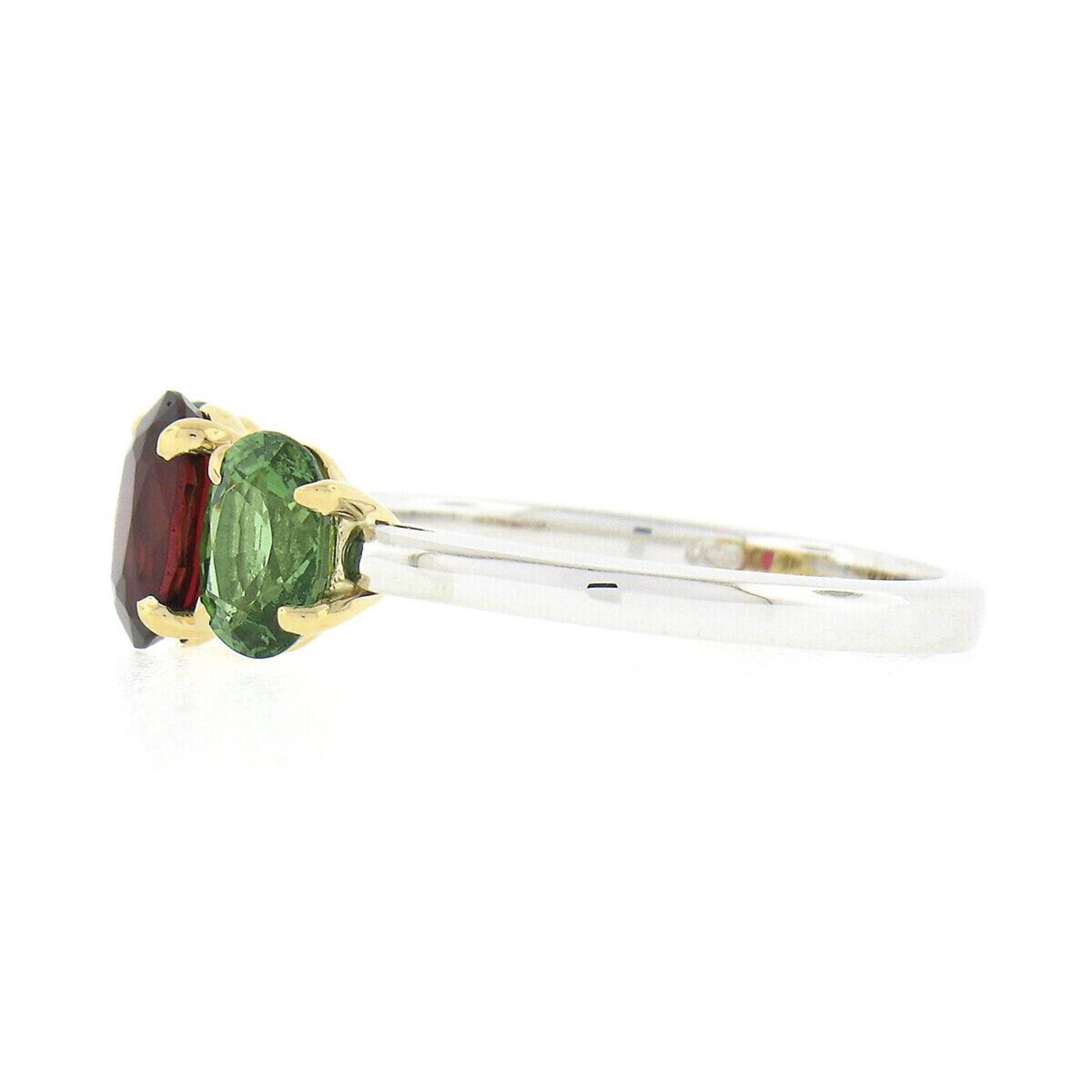 Women's New Platinum 18k Gold GIA Burma No Heat Oval Red Spinel & Tsavorite 3 Stone Ring For Sale