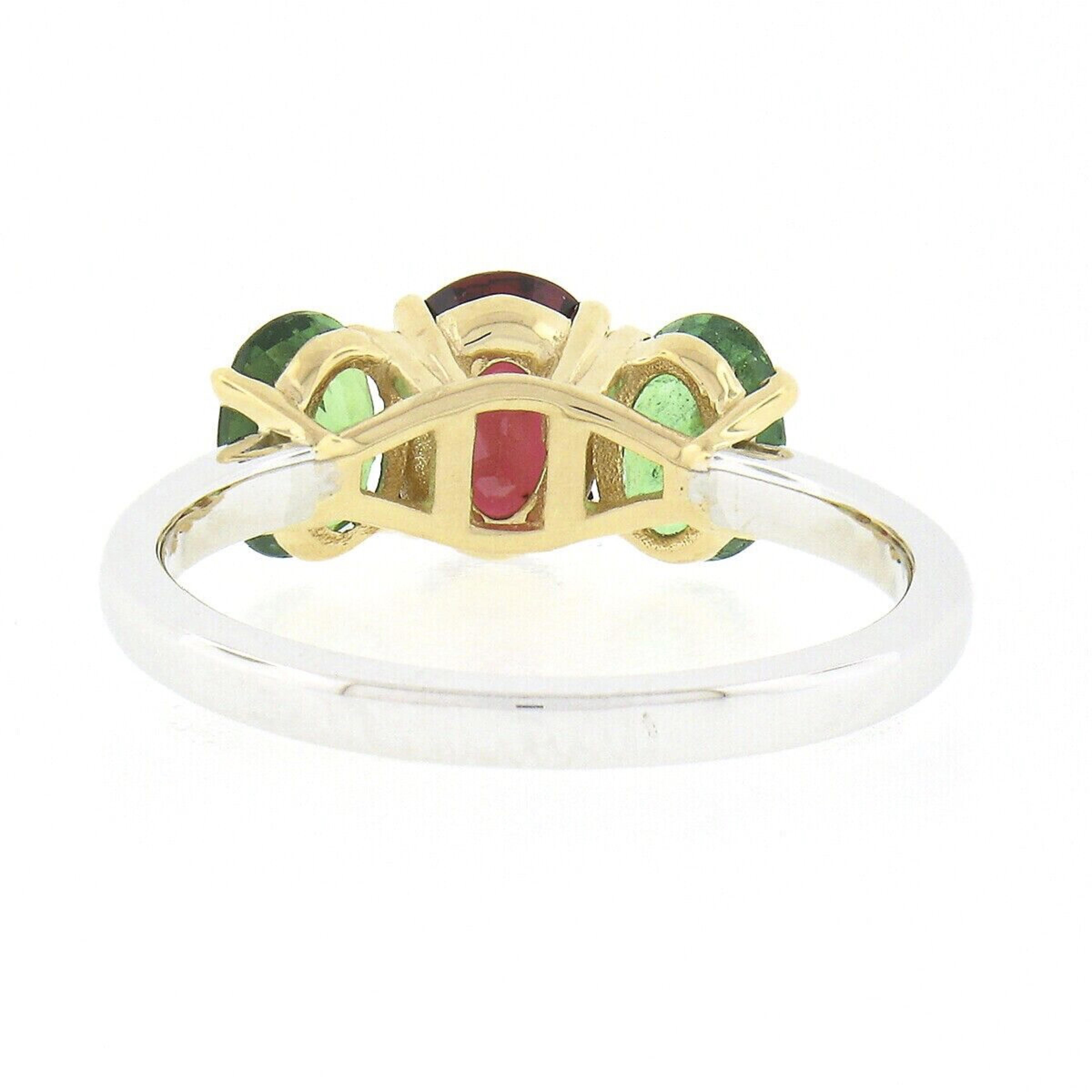 New Platinum 18k Gold GIA Burma No Heat Oval Red Spinel & Tsavorite 3 Stone Ring For Sale 1