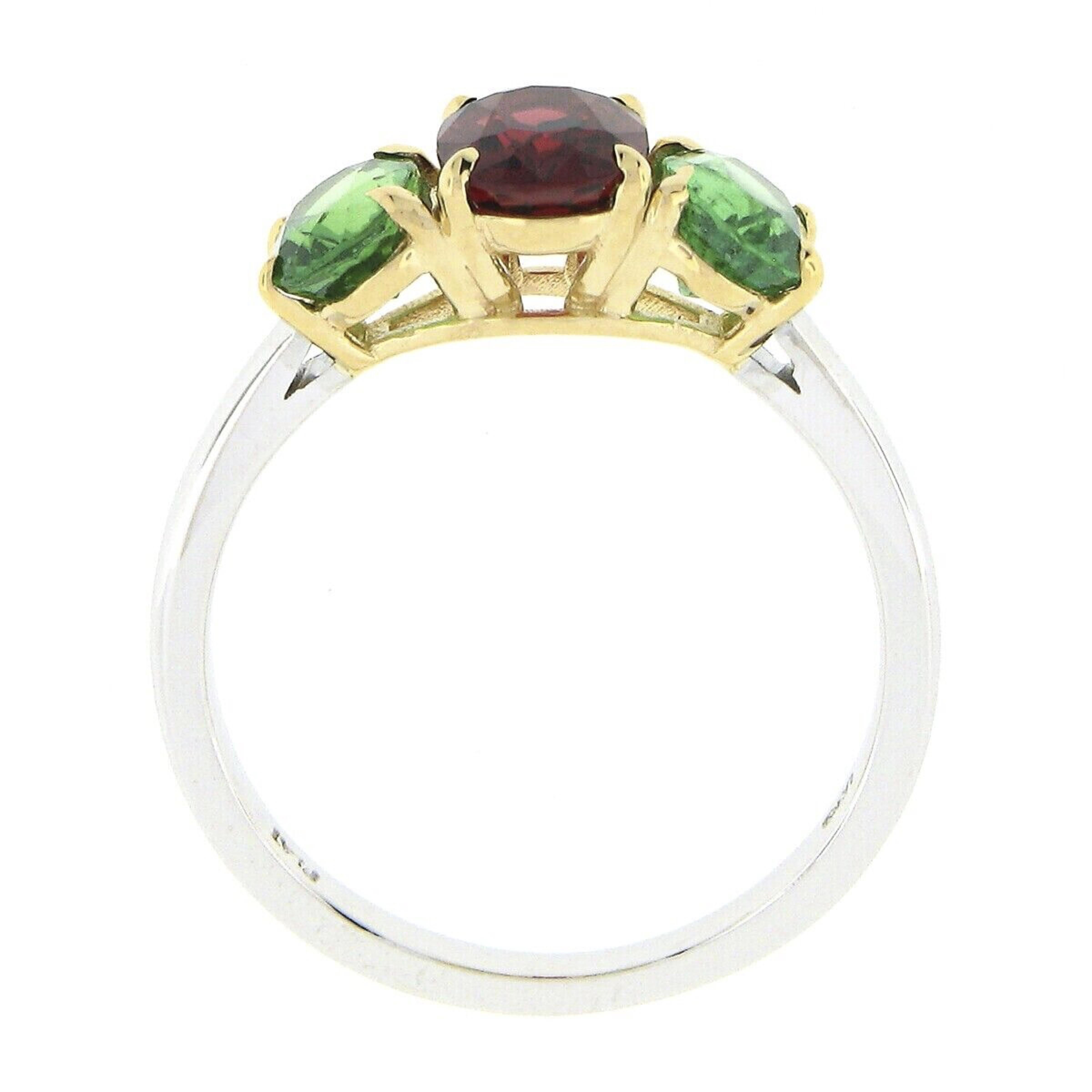 New Platinum 18k Gold GIA Burma No Heat Oval Red Spinel & Tsavorite 3 Stone Ring For Sale 2